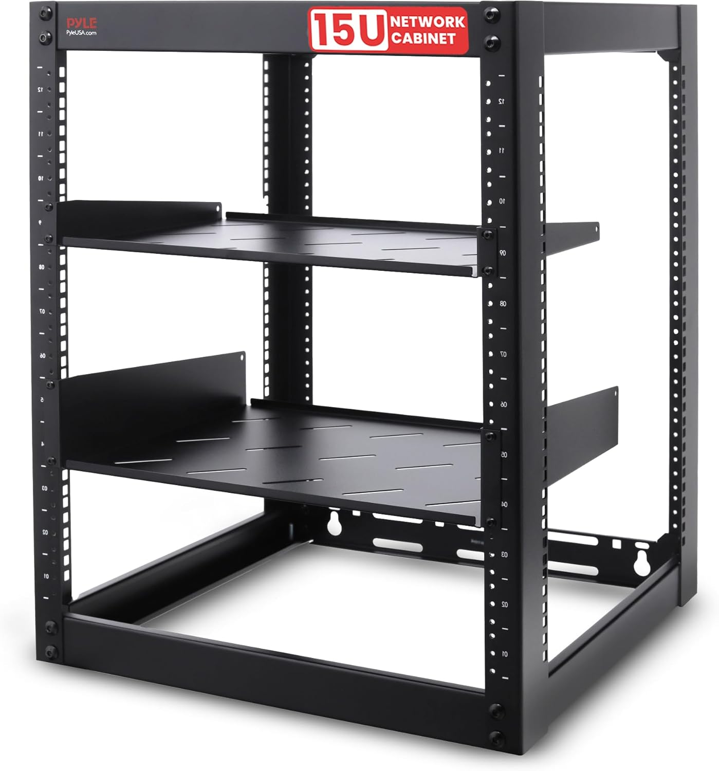 15U Server Rack Network Cabinet - Open Frame Rack, Wall Mountable Heavy Duty Designs for Servers & AV Gear | Compatible with 19" Equipment Standard (Black) image number 2