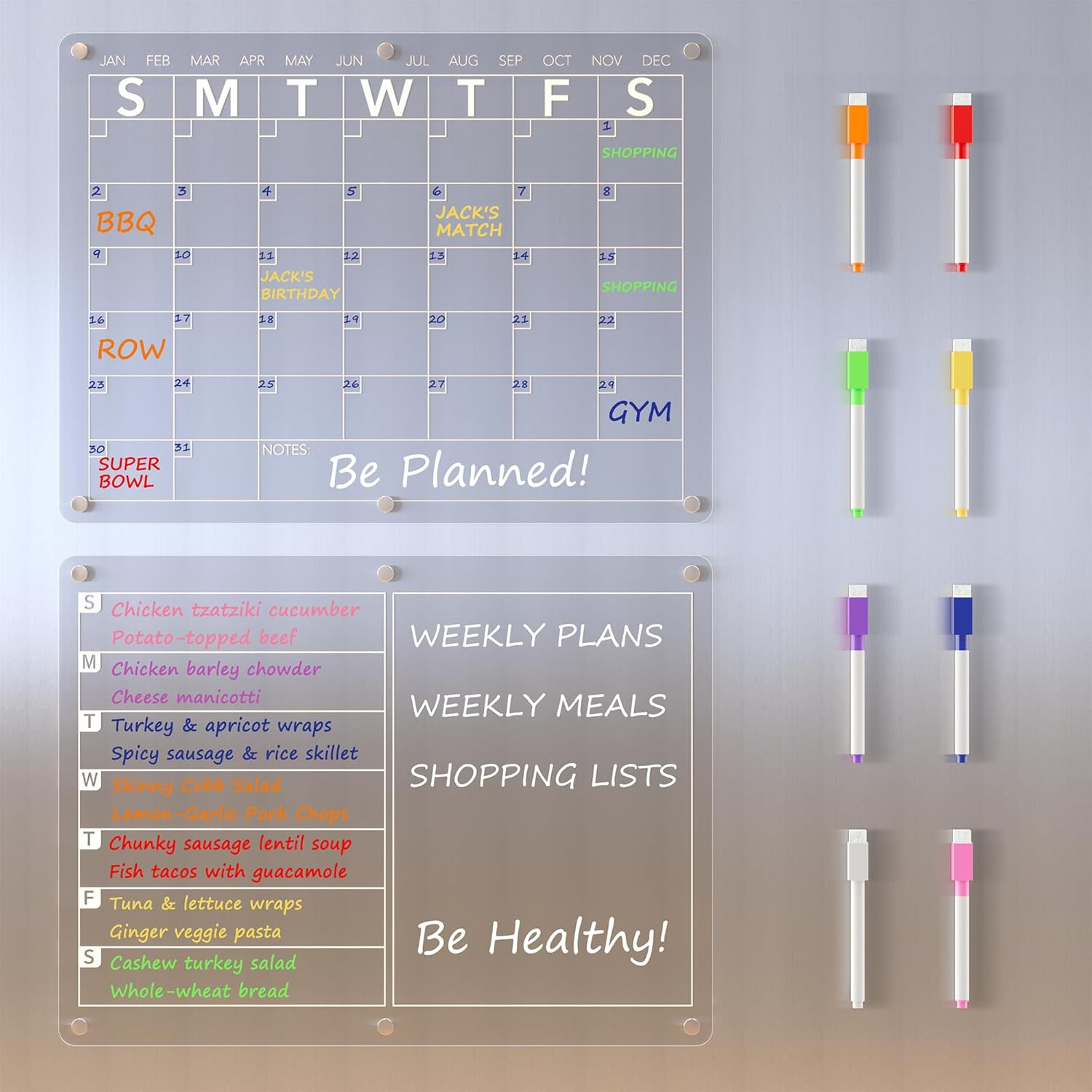 Magnetic Acrylic Calendar for Fridge 2 Pack, 16''X12'' Clear Monthly and Weekly Dry Erase Board for Refrigerator, Meal Planner, Menu Board for Kitchen, W/ 8 Colors Markers image number 2