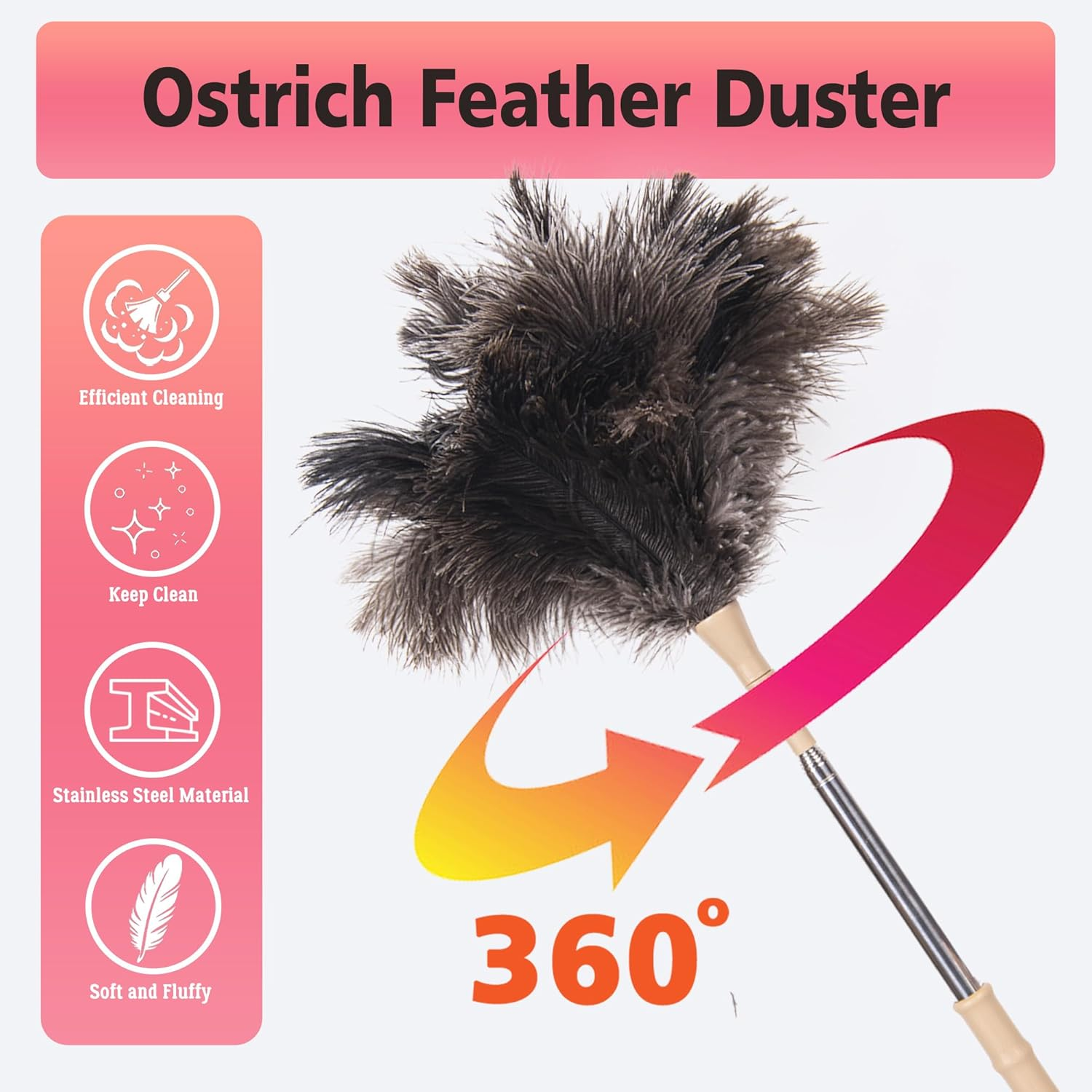 Extendable Ostrich Feather Duster, 50 Inches Natural Fluffy Feathers for Home Cleaning, Soft, Durable, Reusable for Office Cleaning High Ceilings, Fans, Furniture, Blinds,Roof Dusting image number 2