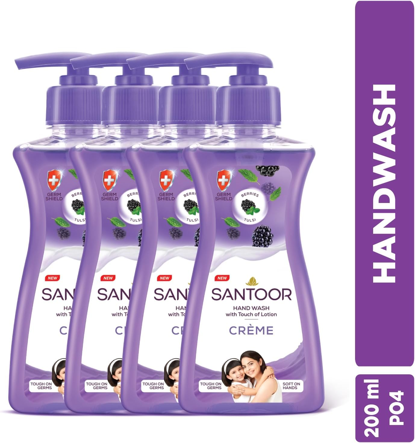 Santoor Cr&egrave;me Handwash 200Ml, Pack of 4 with Touch of Lotion| Made with Berries & Tulsi| Rich Lathering Formula with Anti-Bacterial Properties| Soft on Hands| Soothes & Hydrates Skin image number 3