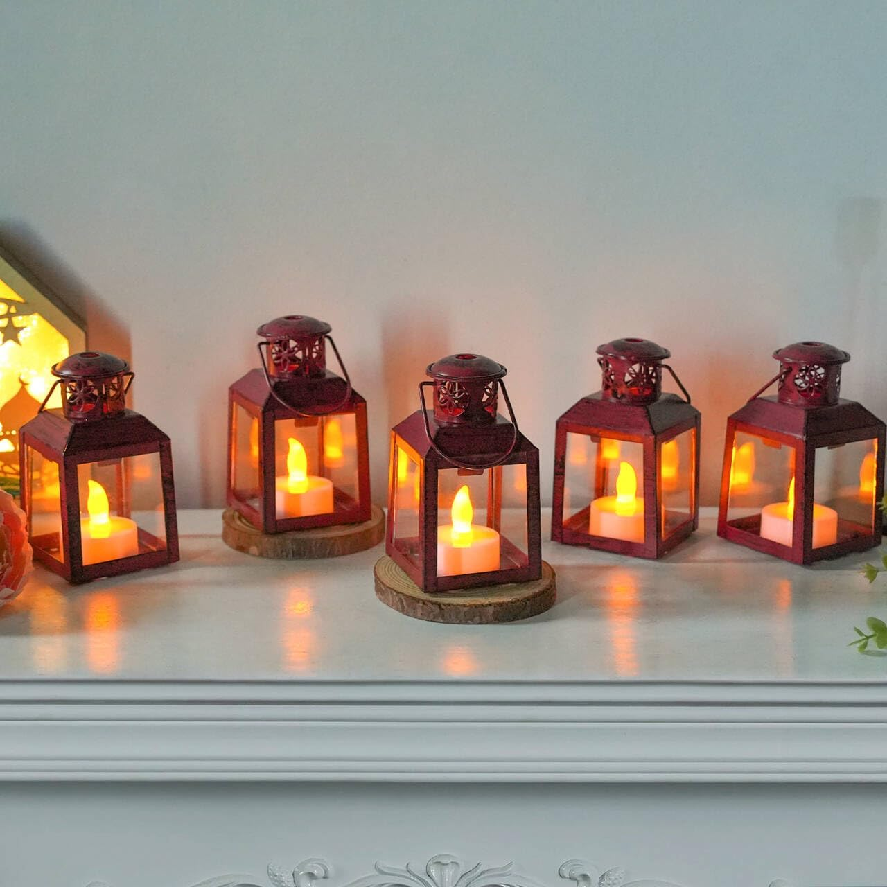 TRIROCKS Pack of 6 Small Metal Candle Lanterns Vintage Hanging Tea Light Holders Decorative Candle Holders for Table Valentine'S Day Patio Indoor Outdoor Gifts (Red) image number 2