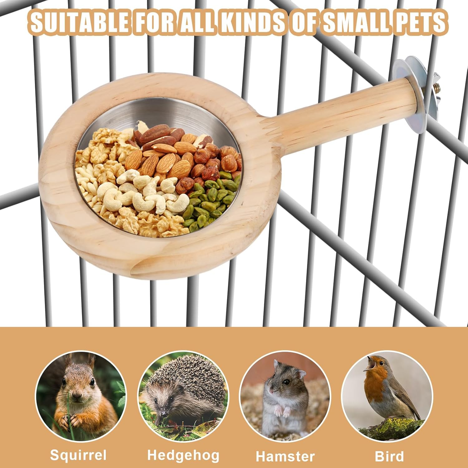 NQEUEPN Wood Parrot Perch with Feeding Cup for Parakeets, Cockatiels, Conures, Lovebirds, Budgies - Stainless Steel Bowl - Solid Wooden Perch Stand image number 1