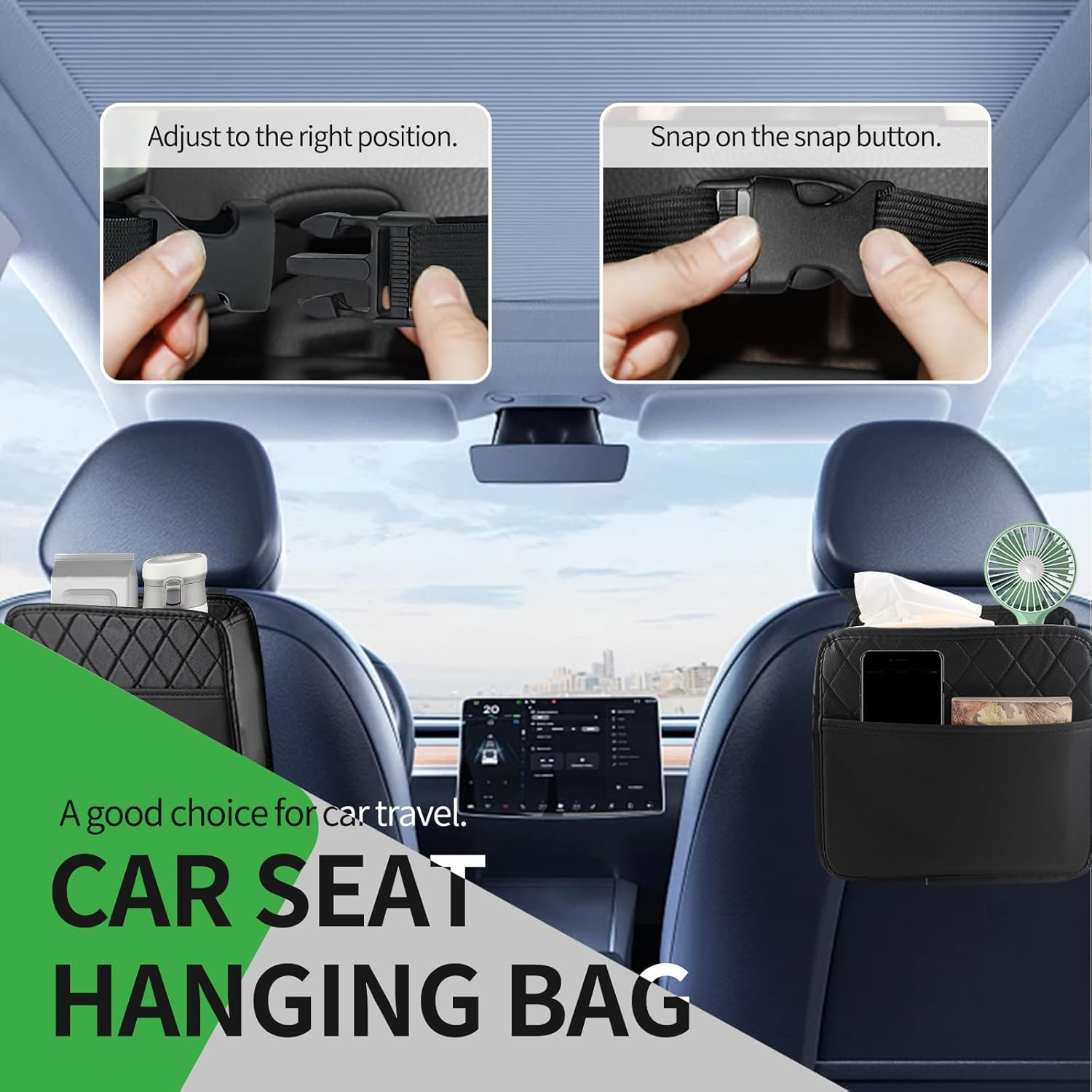 Car Seat Back Organizer, PU Leather Car Seat Storage, Hanging Back of Seat Car Organizer, Car Seat Organizer for Most Vehicles (Black) image number 1