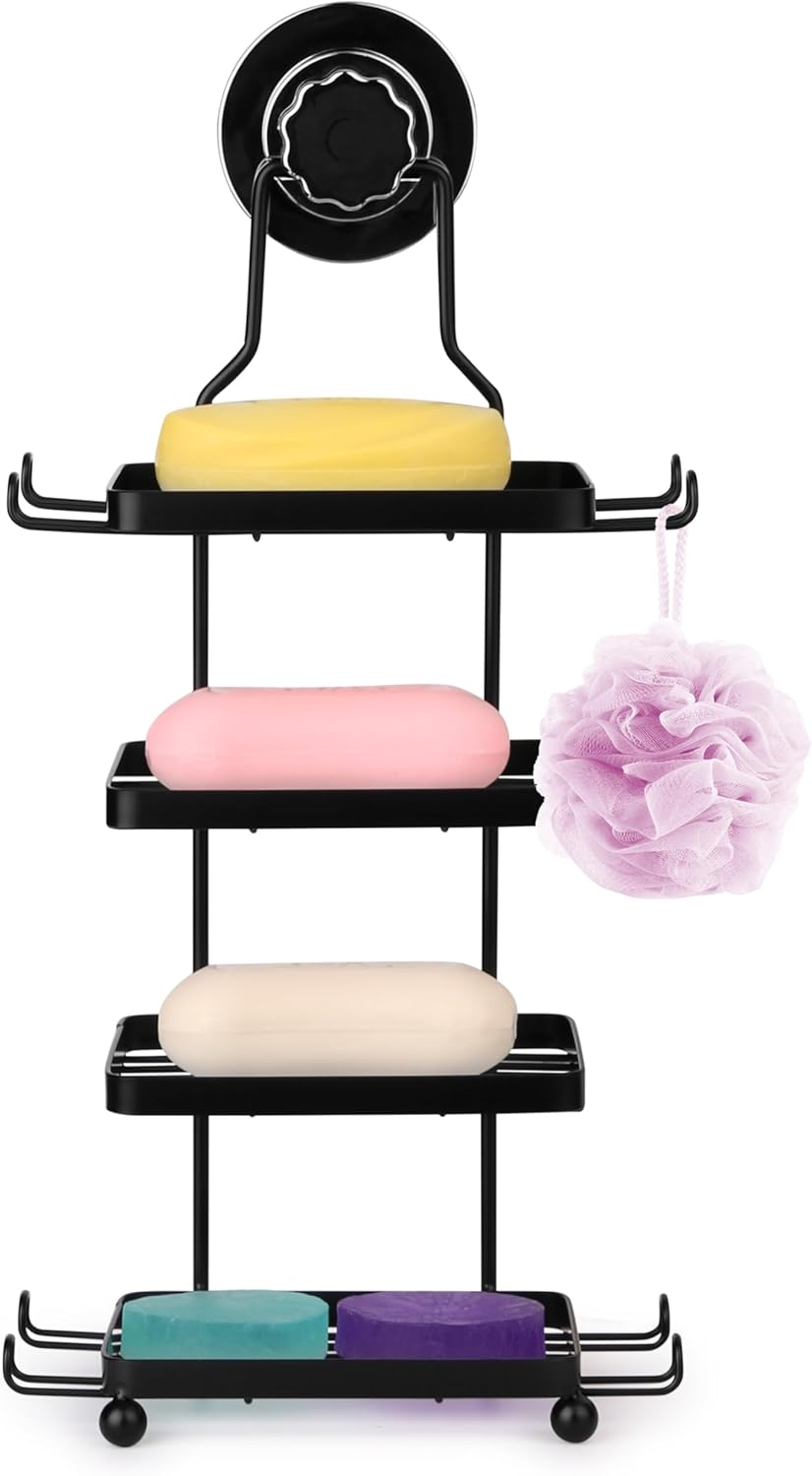 Soap Holder for Shower Wall 4 Tier Square Soap Rack with Hook Dish Stainless Steel Bar Shower Bathroom Self Draining Rustproof Rack Powerful No Drilling(Black) image number 1