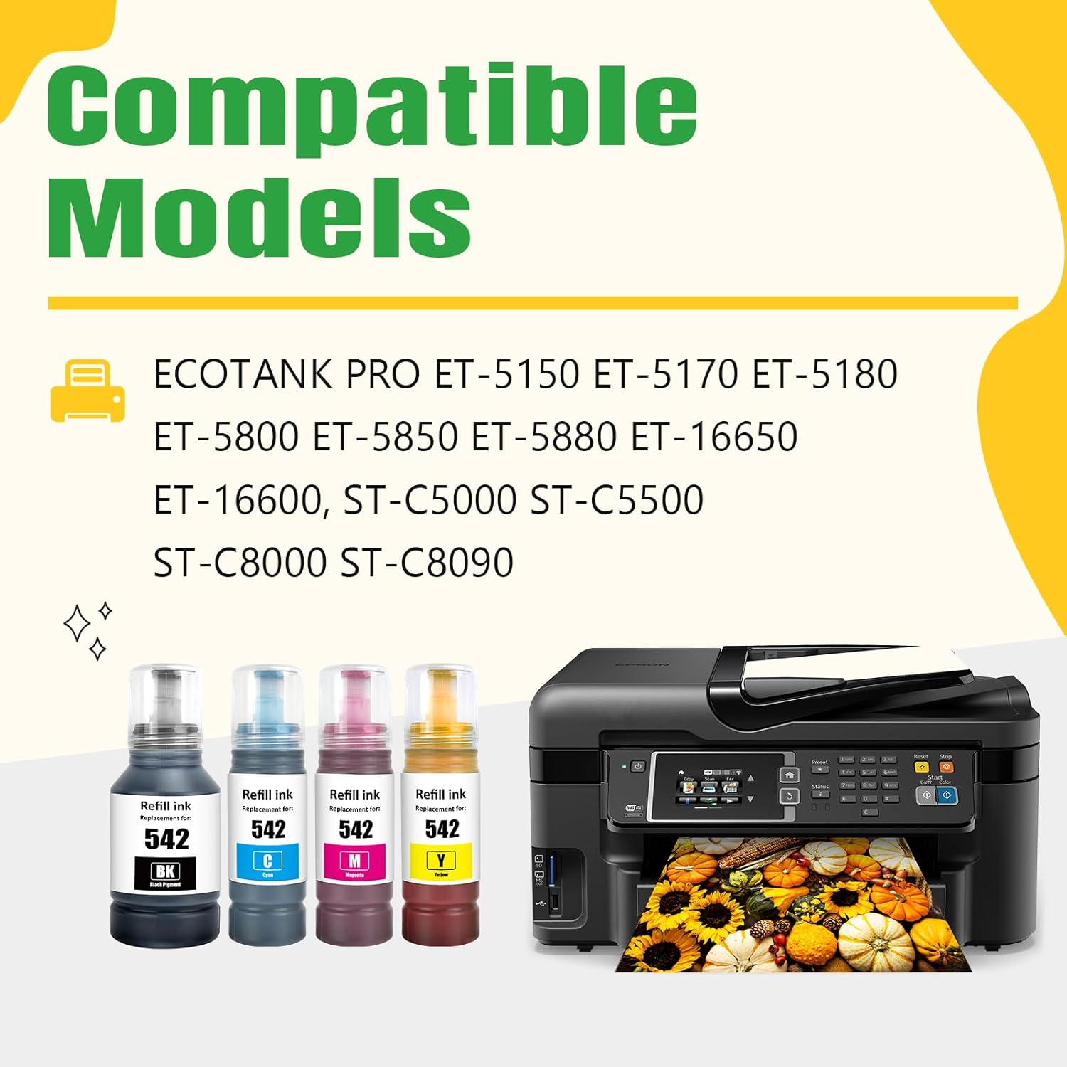 Artitech T542 Ink Bottle Replacement for Epson 542 for Epson Ecotank Pro ET-5150 ET-5170 ET-5180 ET-5800 ET-5850 ET-5880 ET-16650 ET-16600, ST-C5000 ST-C5500 ST-C8000 ST-C8090 Printers (1B 1C 1M 1Y) image number 6