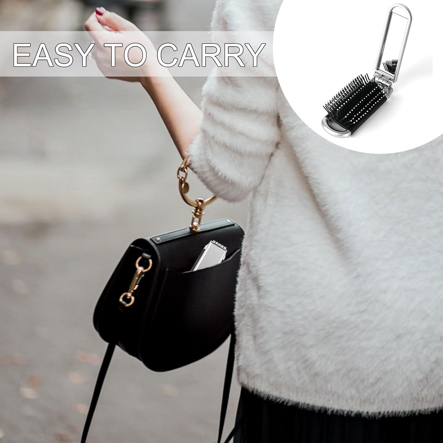 Mini Hair Brush with Mirror,Folding Travel Hair Brush Collapsible Hair Comb Portable Compact Pocket Size Anti-Static Hairbrush for Curly Thin Long Short Wet Dry Hair image number 5