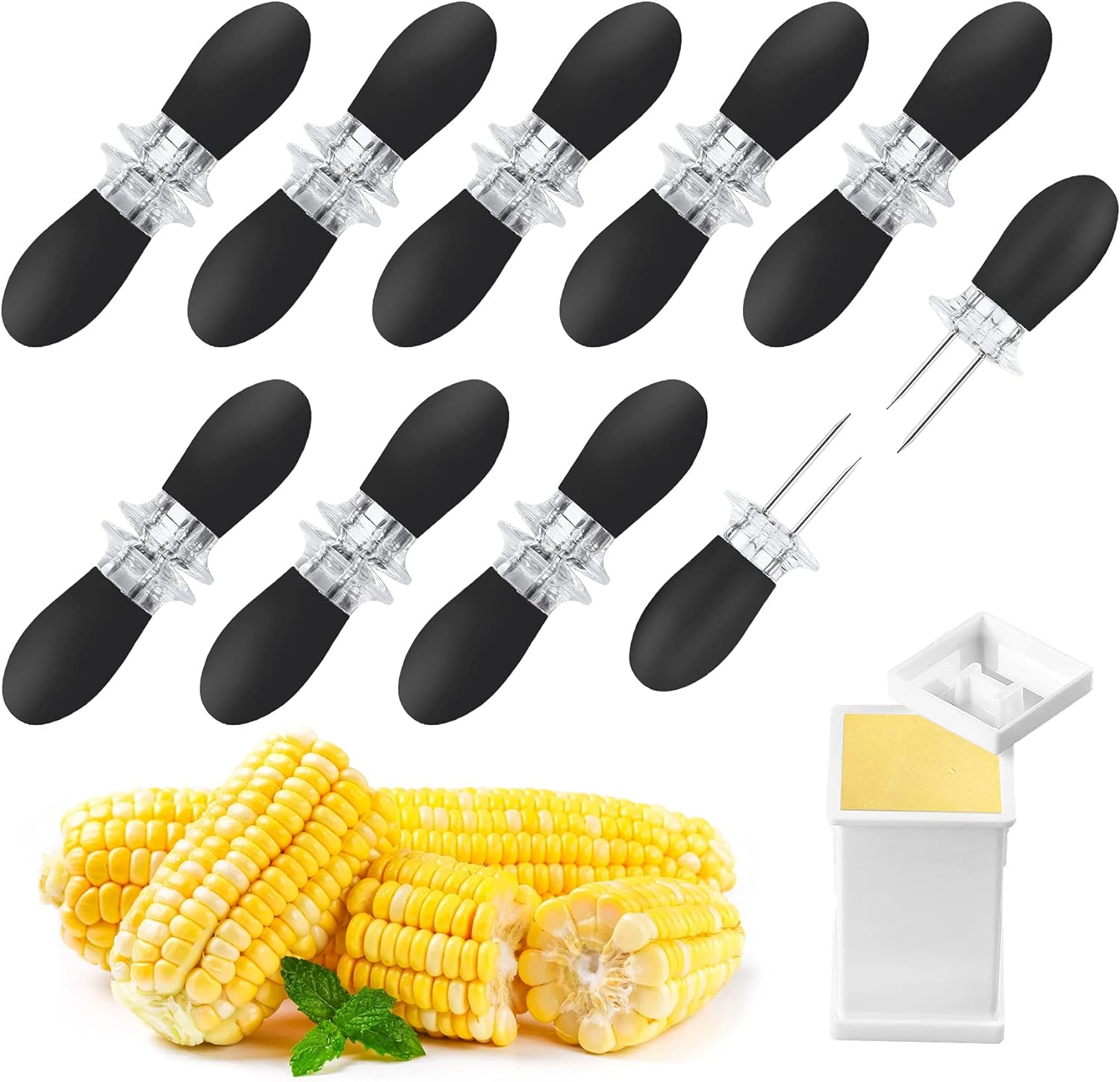 AUGSUN 18Pcs/9Pairs Black Corn Holders, Stainless Steel Corn Cob Holders Corn on the Cob BBQ Fork Skewers with Butter Spreader for Home Cooking Parties Camping