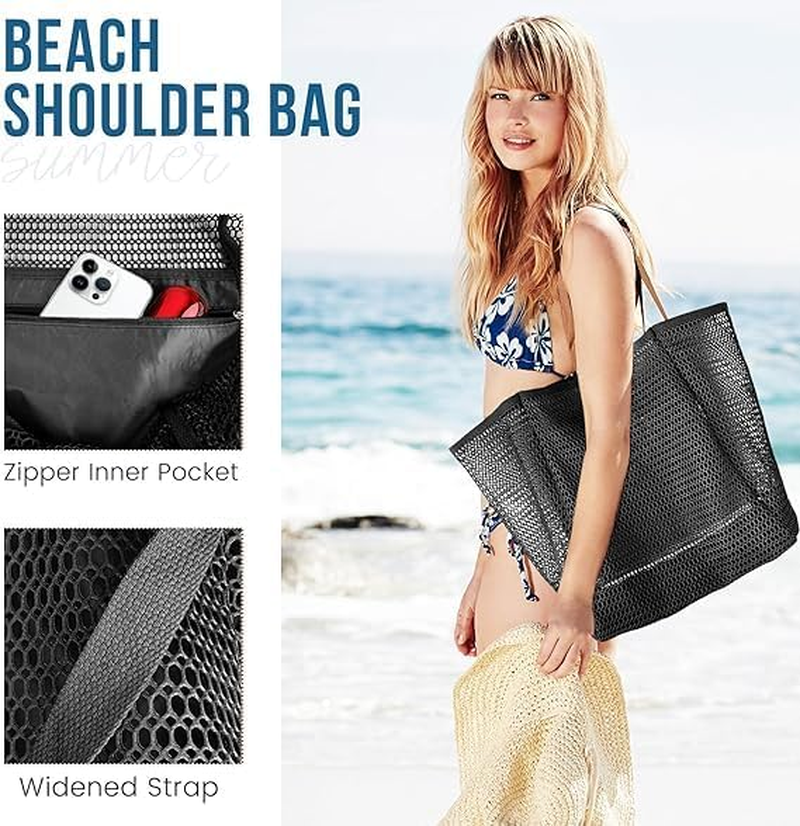 Beach Bags for Women - Summer Travel Mesh Tote Bag, Sandproof Woven Shoulder Handbag with Large Inner Pocket Black image number 2