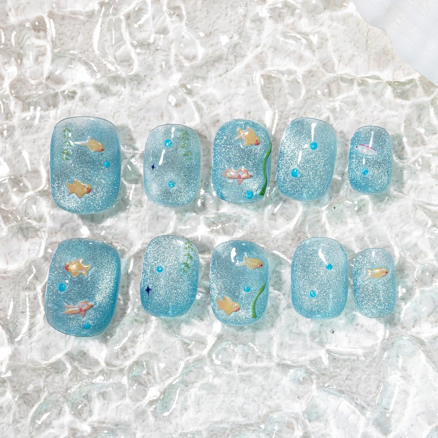 Sun&Beam Nails Handmade Press-On Short Squoval round Blue Cartoon Summer Minimalist Design Fashion False Nail Tips 10 Pcs Set (#246 S) - M image number 3