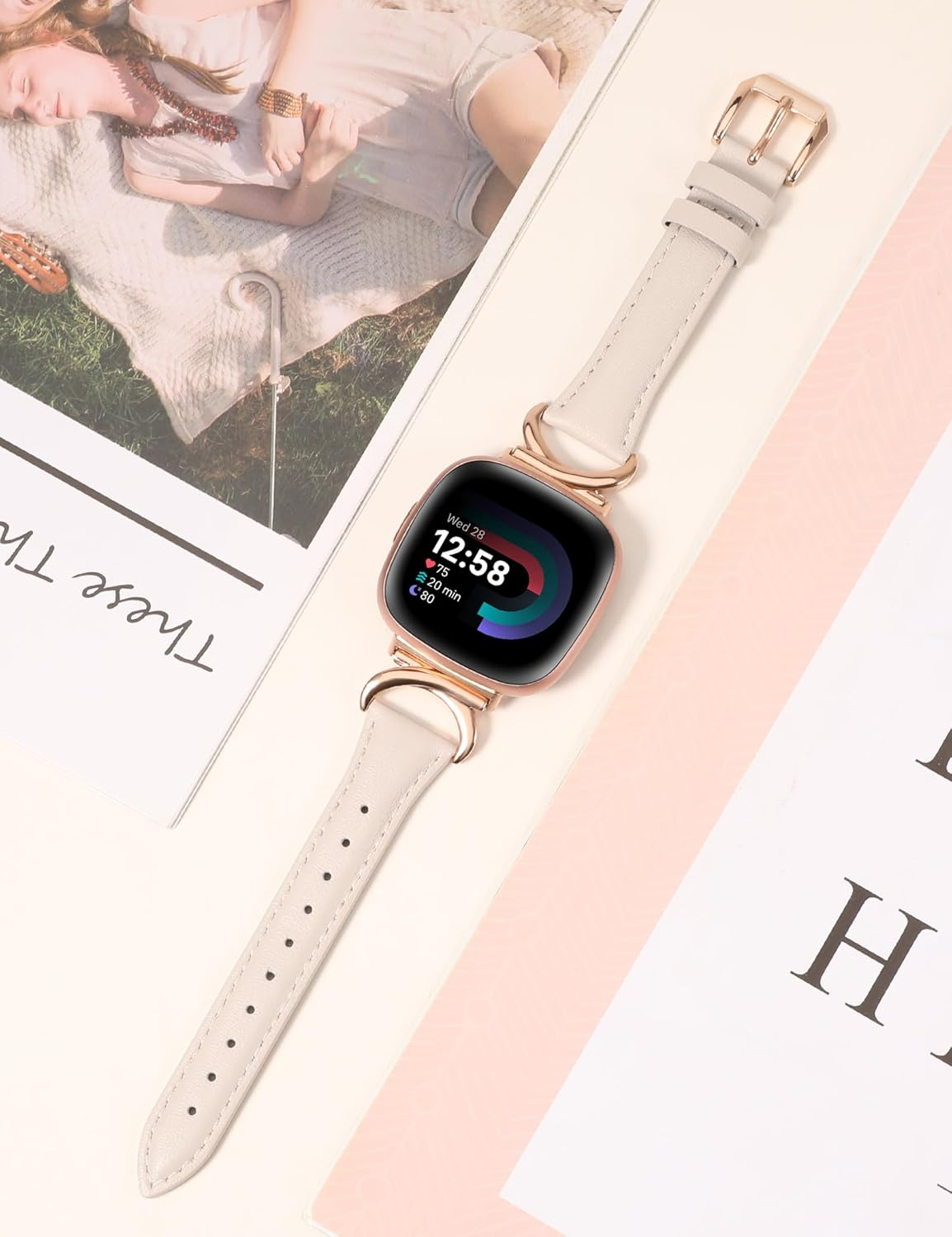 TOYOUTHS Compatible with Fitbit Versa 4/Versa 3/Sense 2/Sense Band for Women, Leather Strap Slim Dressy Bracelet with C-Shape Metal Buckle Replacement Accessories for Versa 4 image number 5