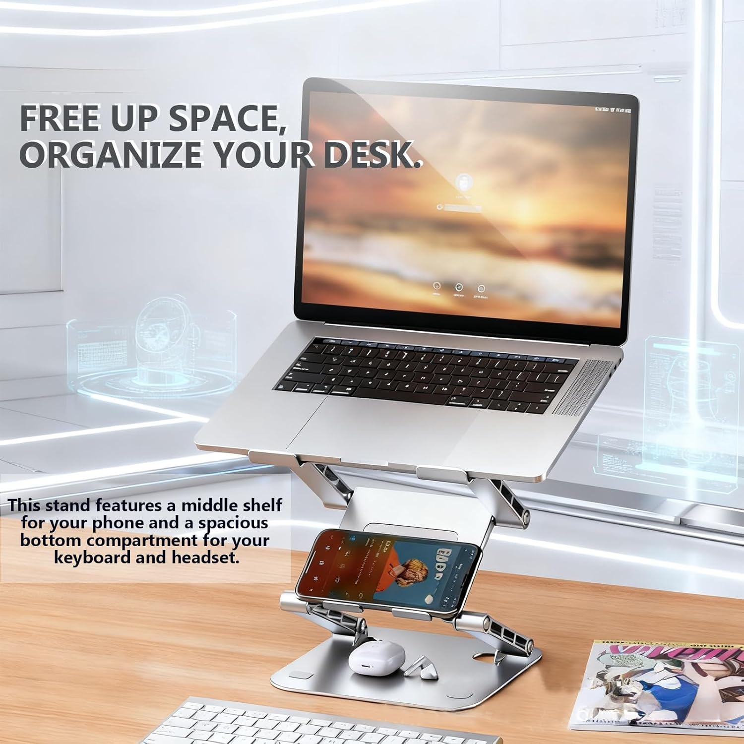 ALUCKKEY Laptop Stand for Desk, 360&deg; Swivel Base Foldable Laptop Riser and Phone Holder for up to 17.3 Inch Laptops Tablet, Pad, Good Posture Riser Compatible with Air, Pro, Dell, HP, Lenovo, Silver image number 3