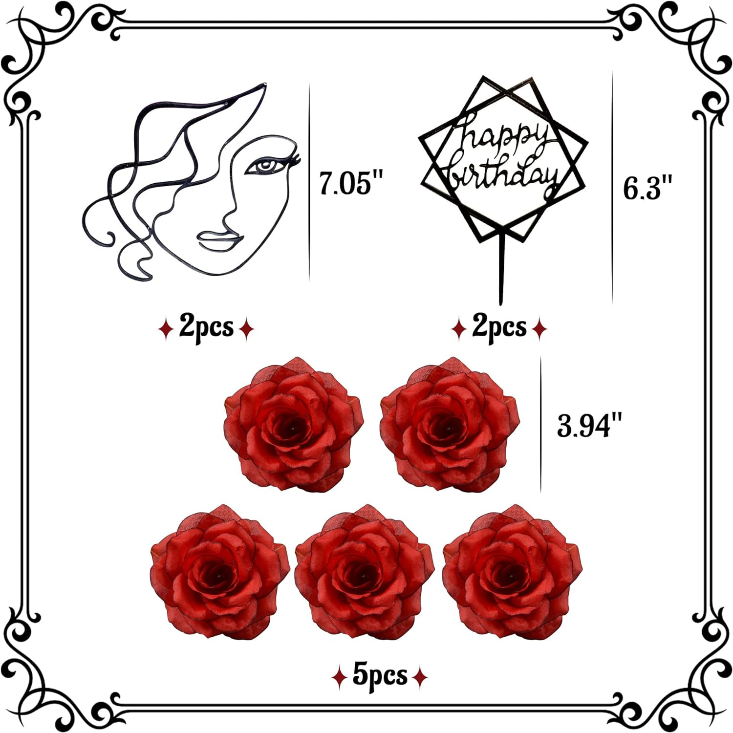Jevenis Red Acrylic Minimalist Art Lady Face Cake Topper - 2 Pack with 5 Roses - Vintage Rose Flower - Birthday Party image number 4