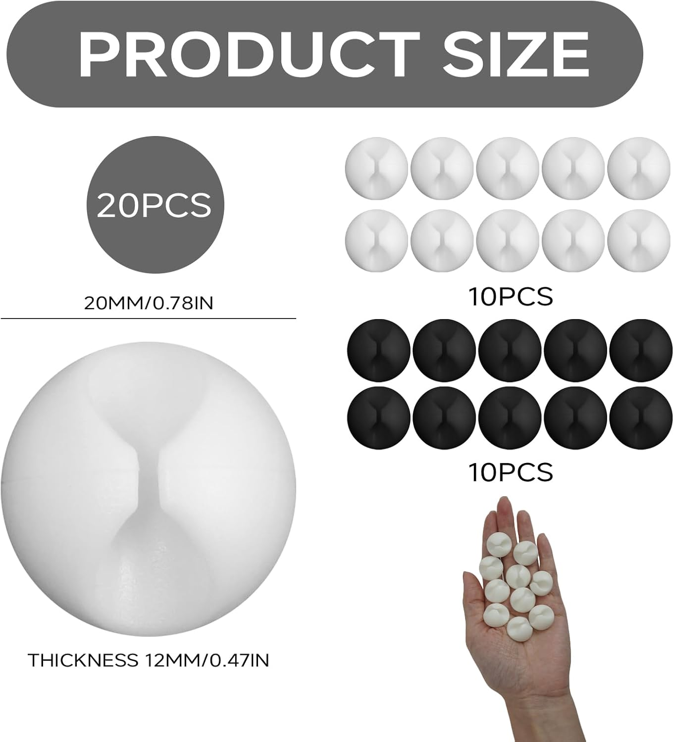 AIAOO Cable Tidy Clips, White Cord Organiser for USB Charging Power Mouse PC Cords - Strong Adhesive Cord Holder for Desktop Office Bedroom Electrical Cable & Wire Management (Black and White, 20) image number 3