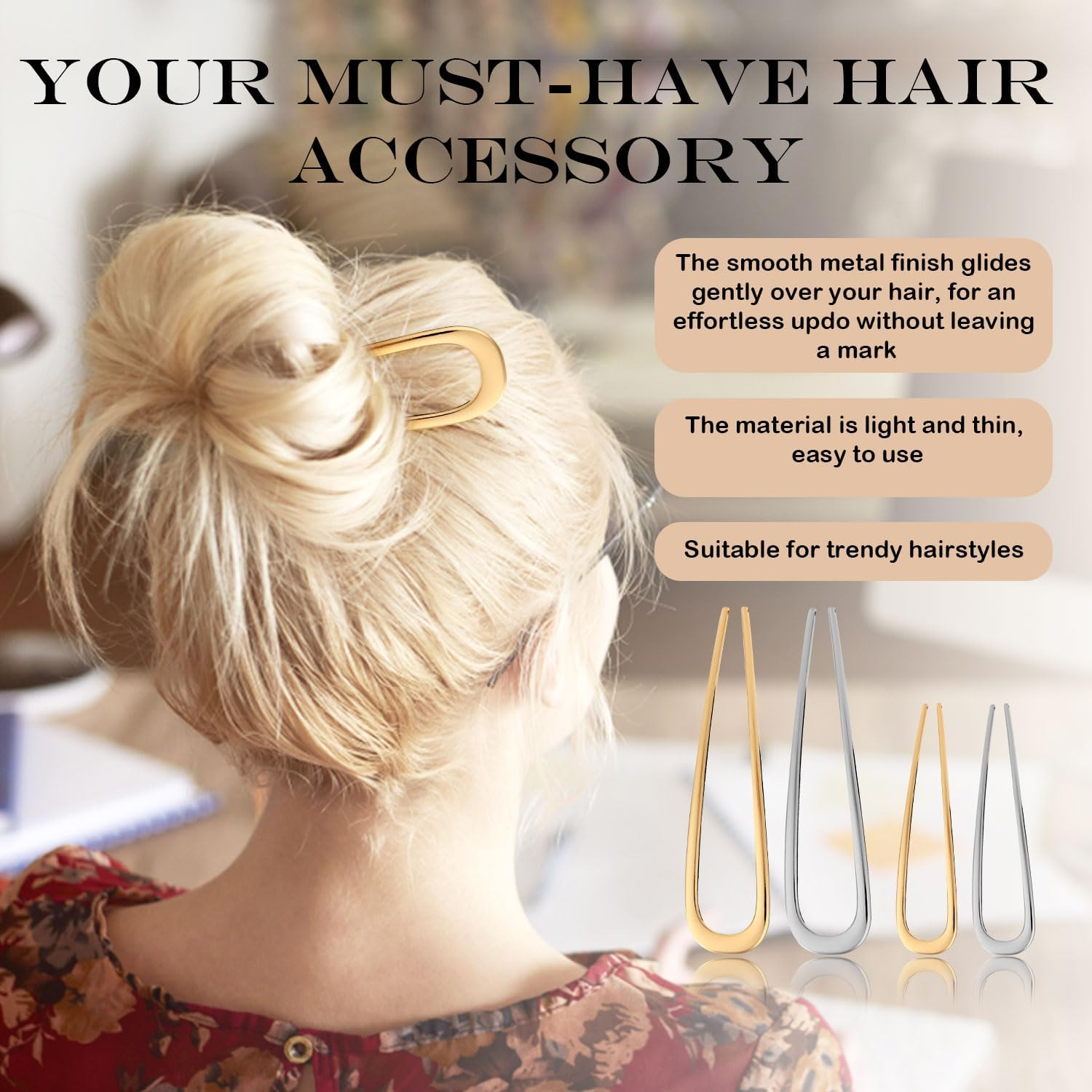 4 Pc French Hairpin, 2 Sizes Alloy U-Shaped Hair Sticks Gold Silver Chignon Hairpin Hair Styling Pins French Twist Hair Clips for Knots Women Gifts image number 4