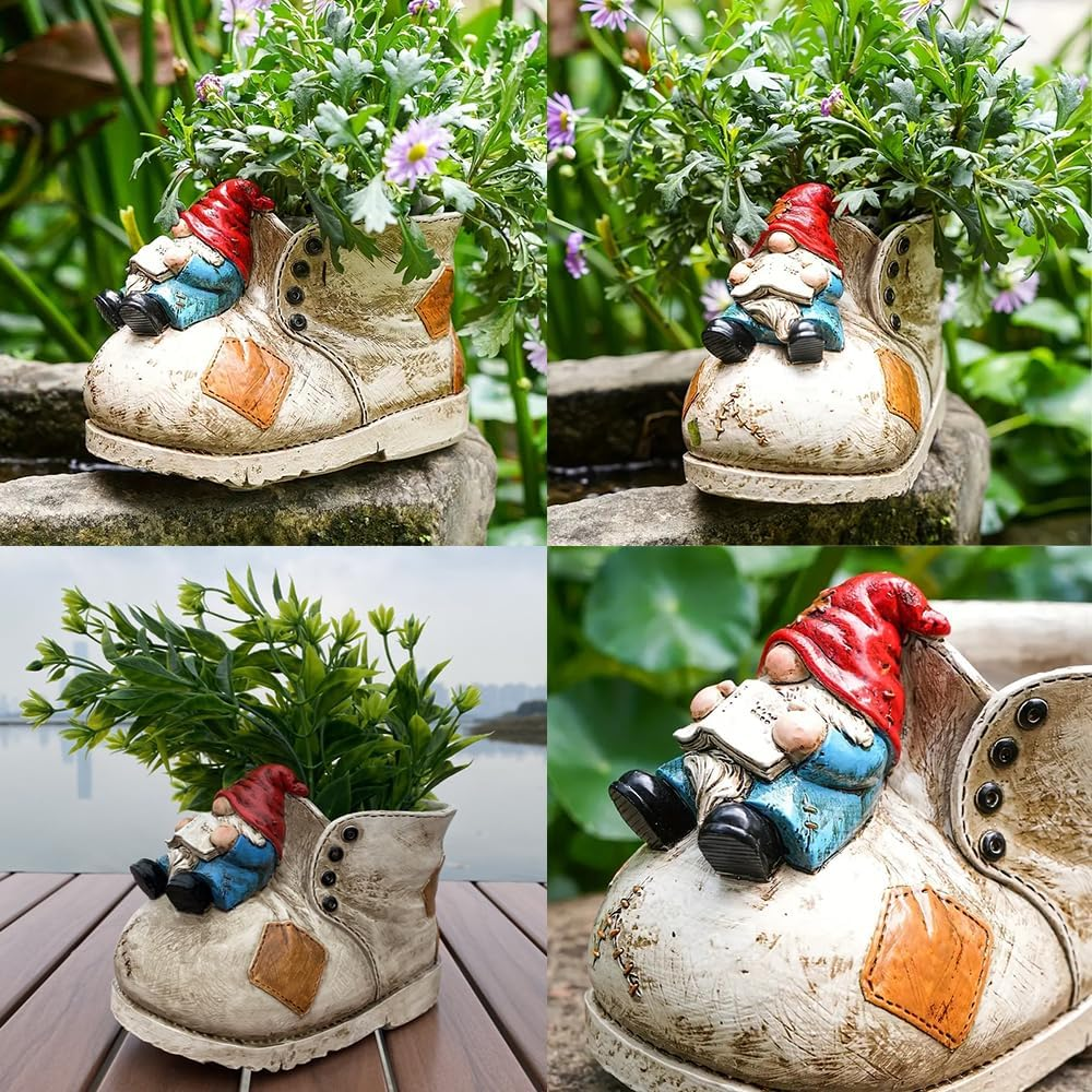 Creative Dwarf Garden Statue Gnome Resin Sculpture Creative Boot Shaped Succulent Planter Hand-Painted Decor Plant Pot for Garden & Succulent Planting image number 3