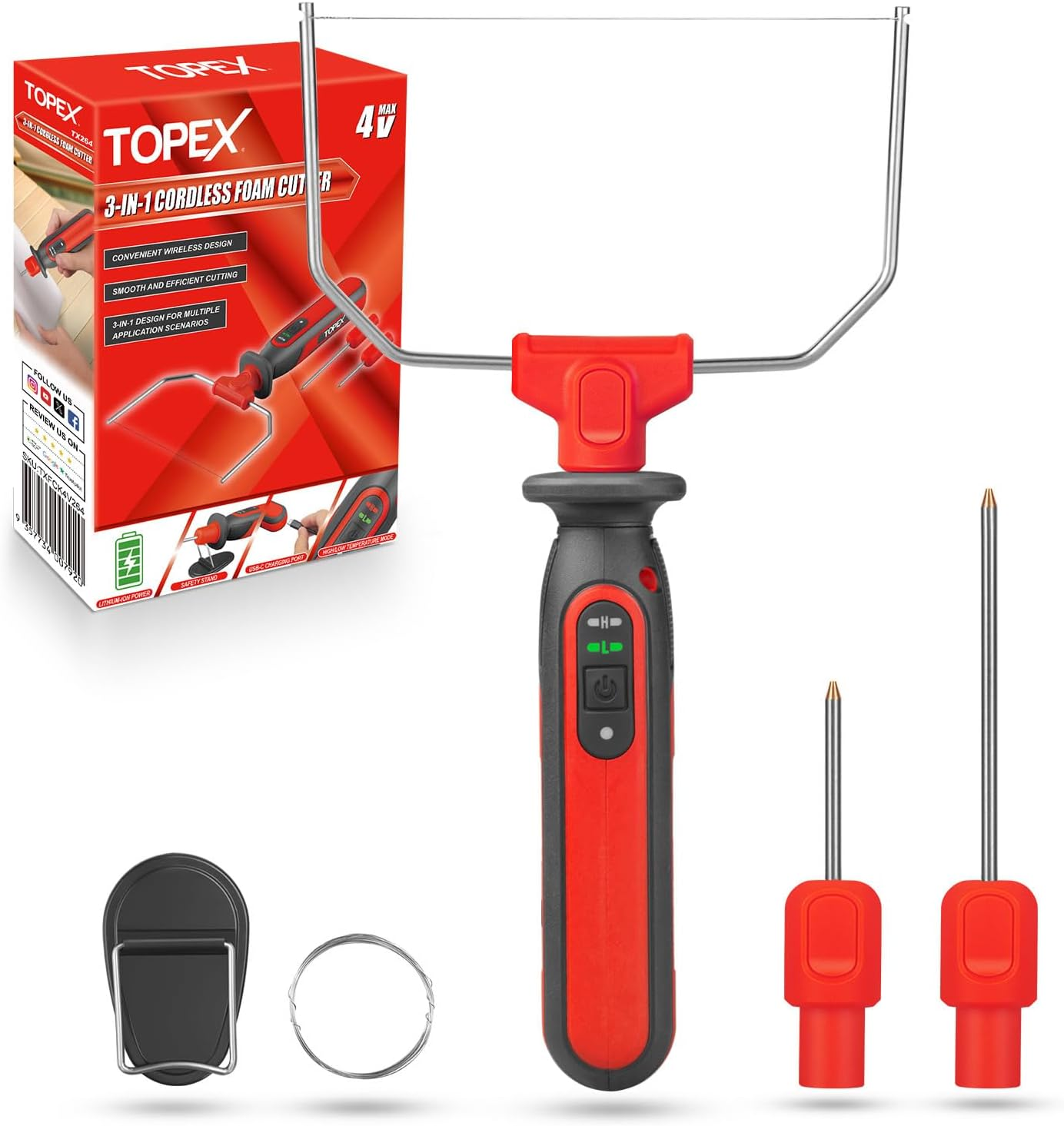 TOPEX 4V 3-IN-1 Cordless Foam Cutter, Li-Ion Hot Knife Engraving Kit, Electric Styrofoam Polystyrene Cutting Tool Set with High and Low Temperature Mode, LED Light for Crafting, DIY and Foam Projects