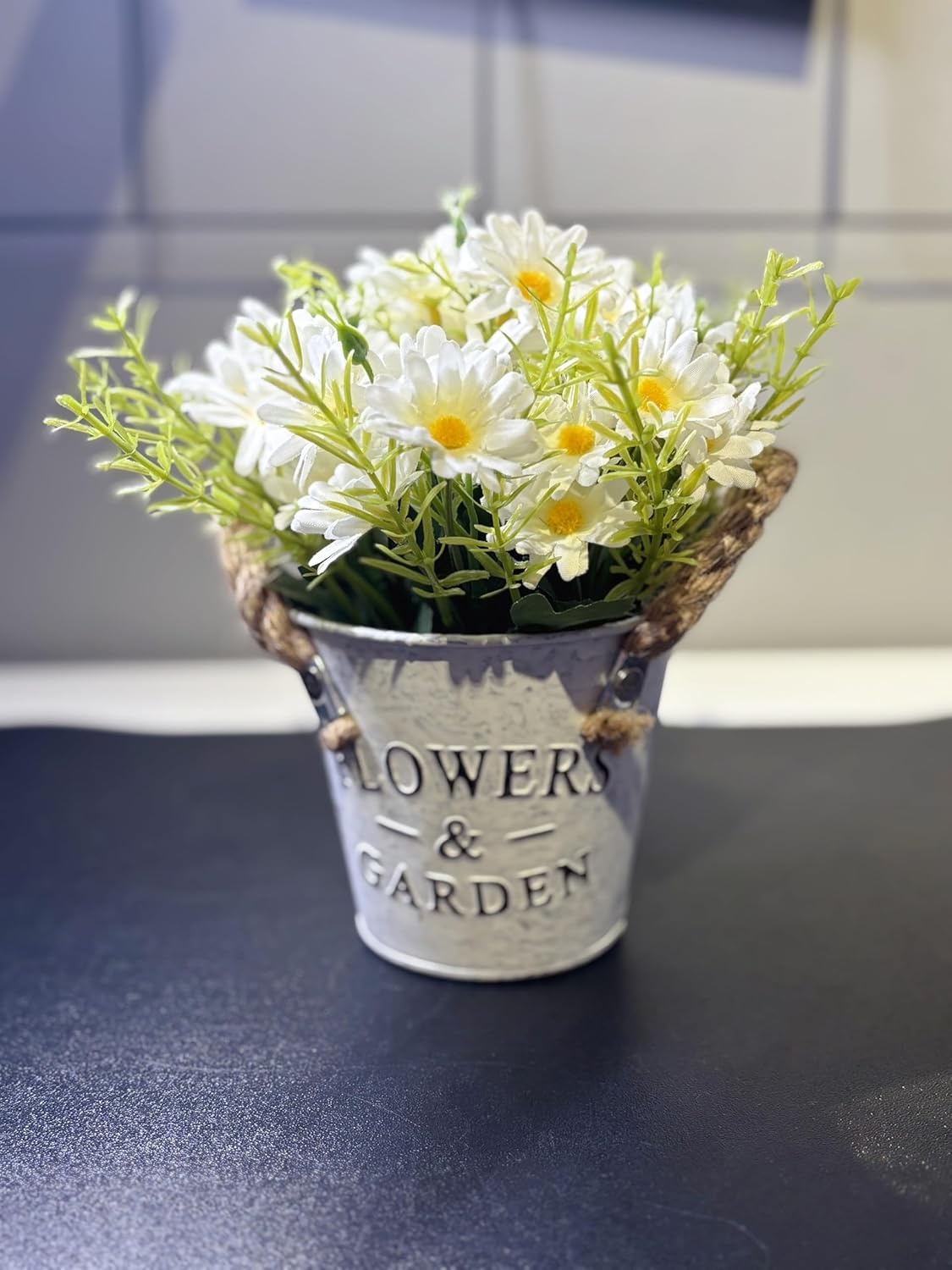 Midrodlle Artificial Potted Flower for Home Office D&eacute;cor-White Daisy with Metal Bucket image number 5