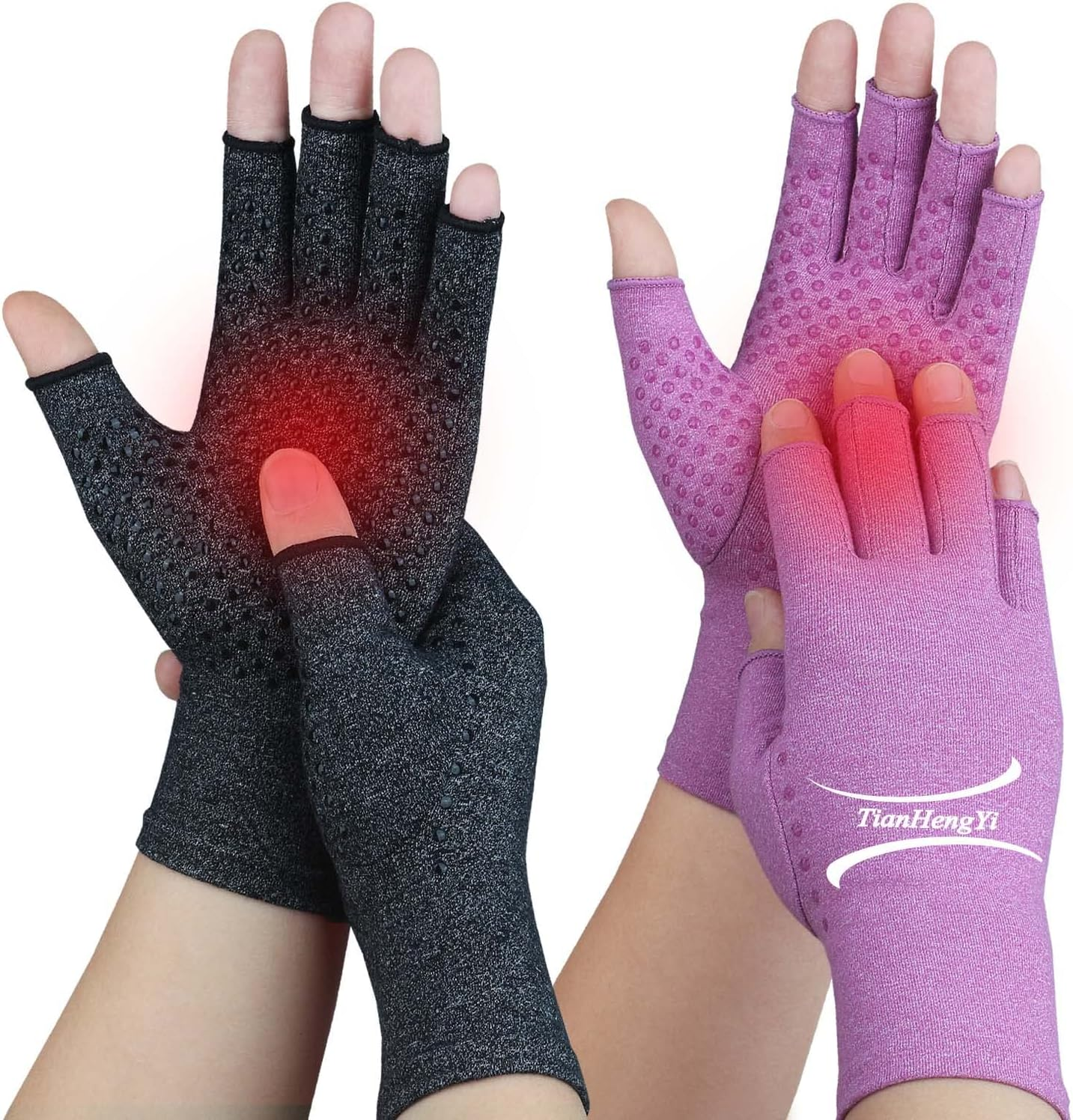 2 Pairs Arthritis Gloves for Women Men, Fingerless Compression Gloves for Hand Pain, Carpal Tunnel, Non Slip Dots image number 5