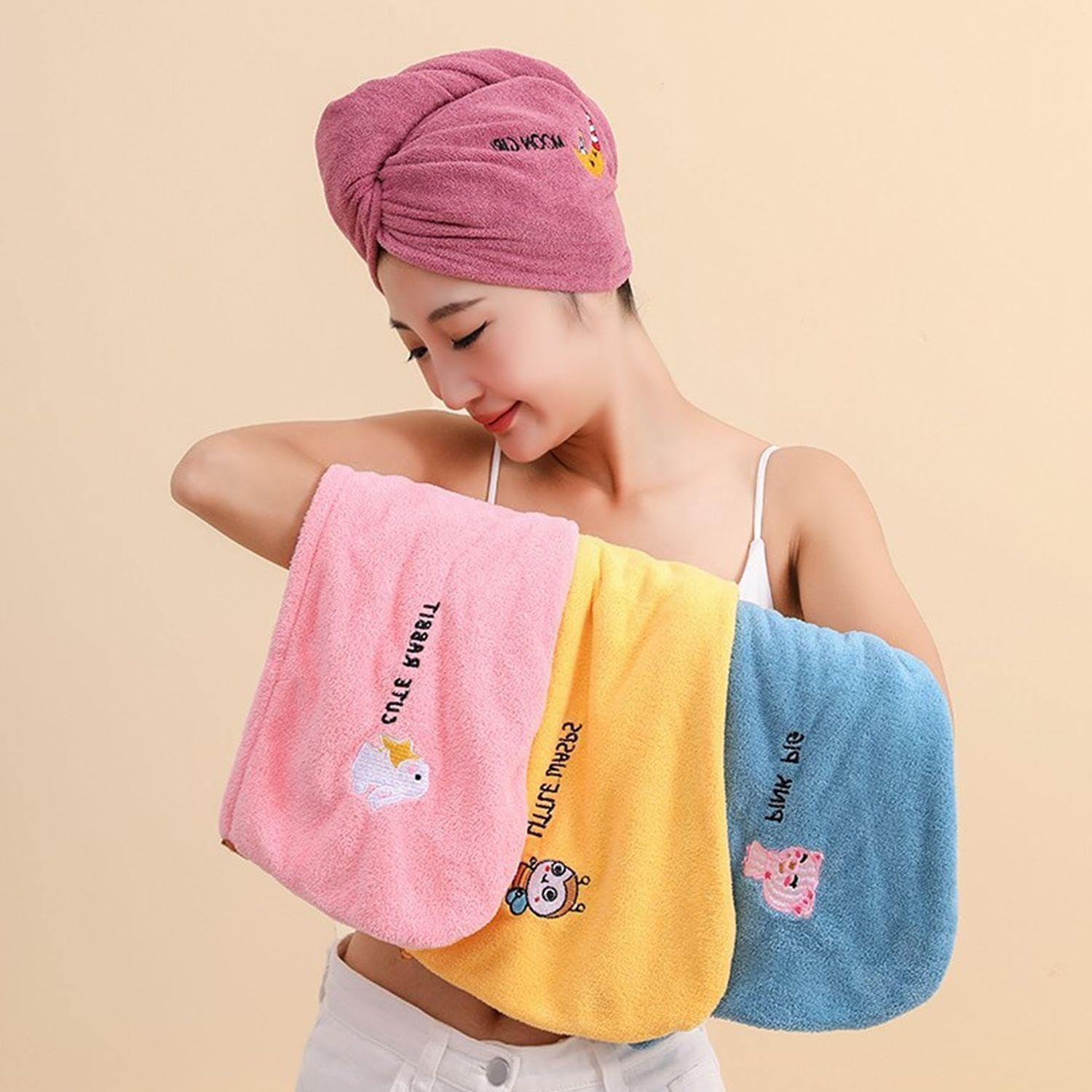 4 Pieces Dry Hair Cap, 2 Face Wash Brushes, Coral Mine Soft Turban, Long Hair Cap for Women, Water Absorbent Embroidered Towel, Bath Accessories image number 3