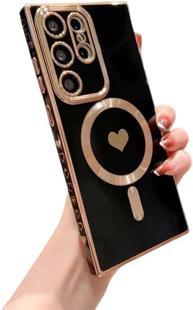 Magnetic for Samsung Galaxy S24 Ultra Case [Compatible with Magsafe] Cute Love Heart Luxury Plating Gold Edge Bumper,Built-In Camera Lens Protector,Shockproof Soft TPU Protective Cover-Black(6.8")