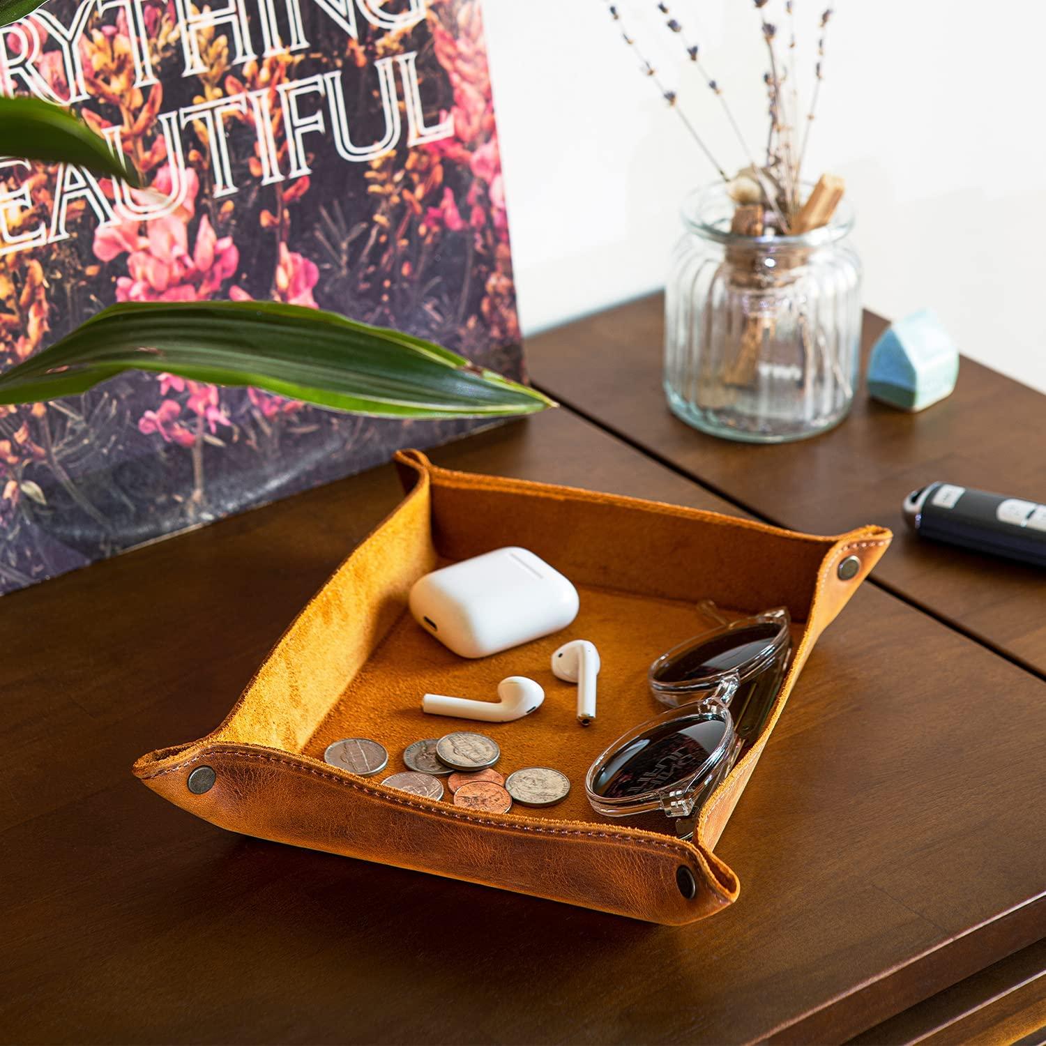 Londo Genuine Leather Tray Organizer Storage for Wallets Watches Keys Coins Cell Phones and Office Equipment - Black - Brown image number 4