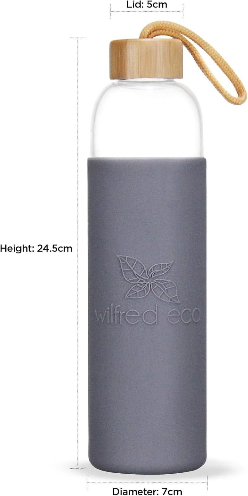 Wilfred Eco 650Ml Portable Glass Water Bottle with Protective Silicone Sleeve | Leakproof | BPA Free | Dishwasher Safe | Reusable | Slimline for Convenience (Bold Grey) image number 1