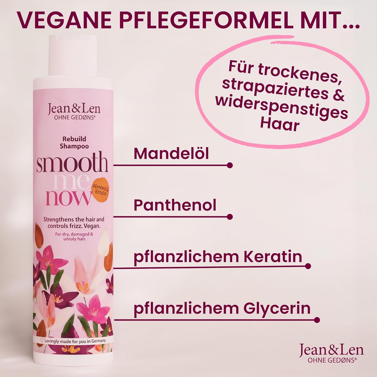 Jean & Len Shampoo Building Almond & Keratin, for Structure-Damaged Hair, Protects against Hair Breakage and Split Ends, Tames Frizz, Shampoo without Silicones and Parabens, Vegan, 300 Ml image number 1