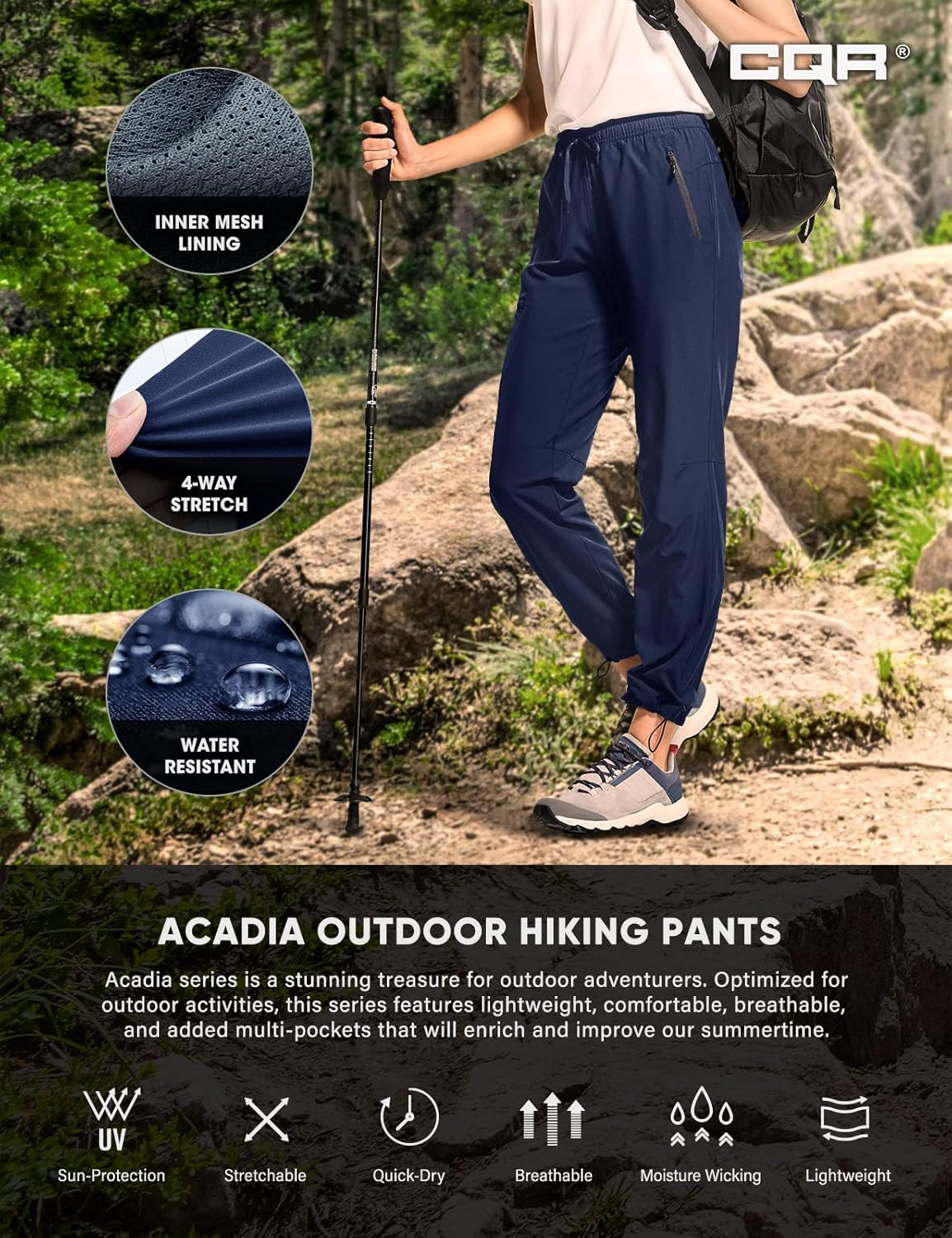 CQR Women'S Lightweight Hiking Cargo Pants with Stretch Fabric Zipper Pockets and Water-Resistant Finish for Outdoor Travel and Trekking WBP103-NVY X-Large image number 3
