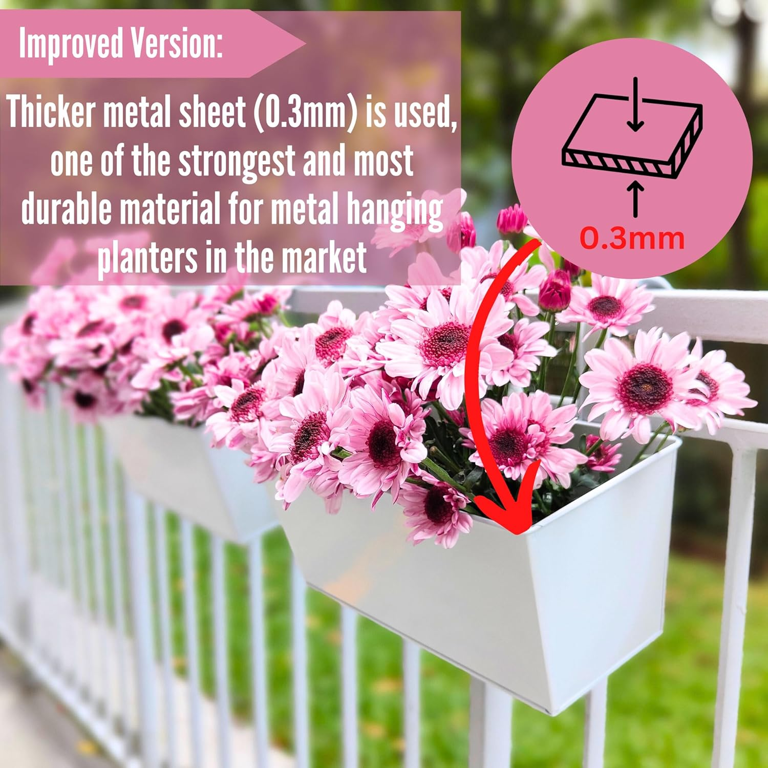 Lalagreen Rail Planter Box (4 Pack, 16 Inch) Large White Metal Hanging Flower Pots, Rectangle Outdoor Strawberry Plant Holder Window Balcony Deck Railing Fence Minimalist Farmhouse Countryside Style image number 2