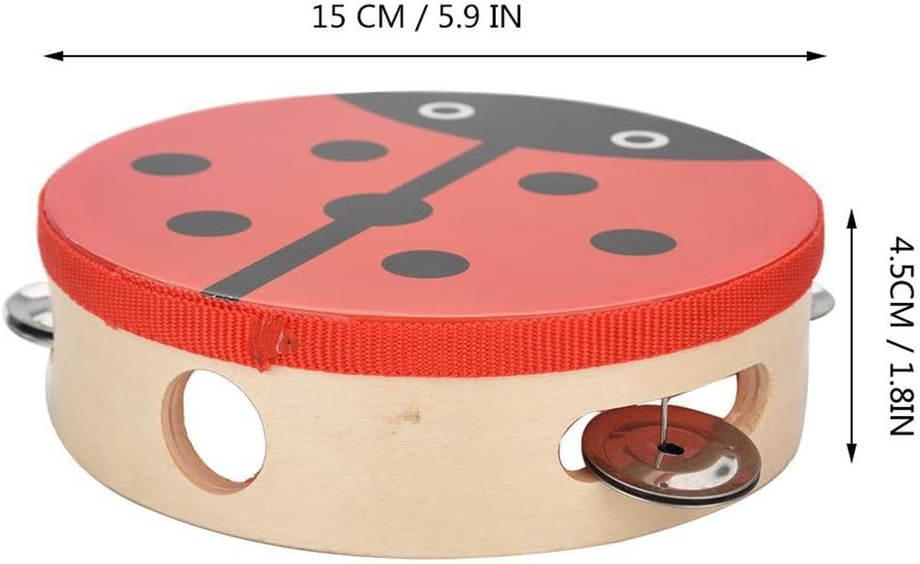 Handheld Tambourine, Cute Patterns 15Cm Tambourine Wood, Parties and Kids Games for Sing or Dance Accompaniment(Beetle) image number 4