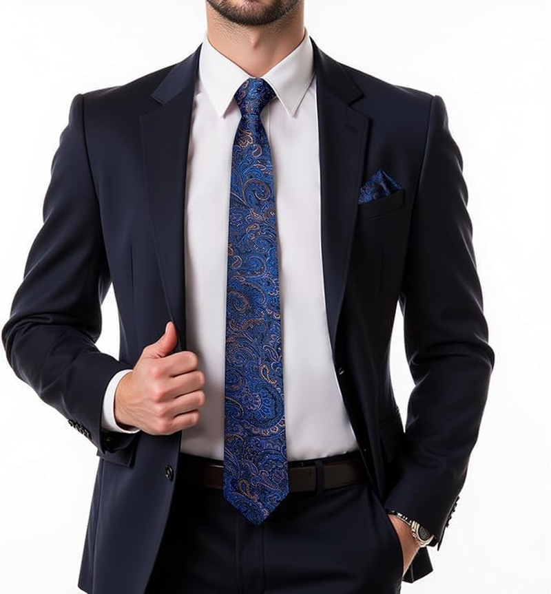 Dibangu Men'S Necktie Handkerchief Silk Paisley Floral Tie Pocket Square Cufflinks Tie Clip Set - 02 Coral image number 2