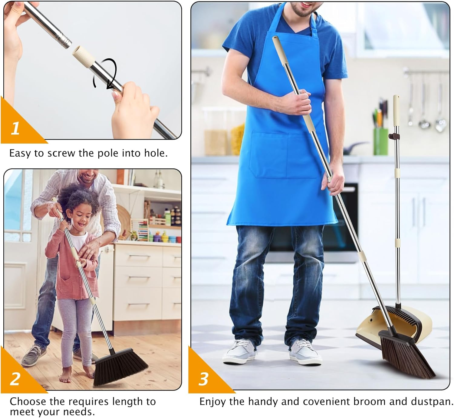 XXFLOWER Long Handle Dustpan and Brush Sets, Broom and Dustpan Set with Comb Teeth, Sweeping Brush Set for Indoor Kitchen Lobby Office Sweeping Pet Dog Hair, Household Cleaning Supplies (Brown Beige) image number 4