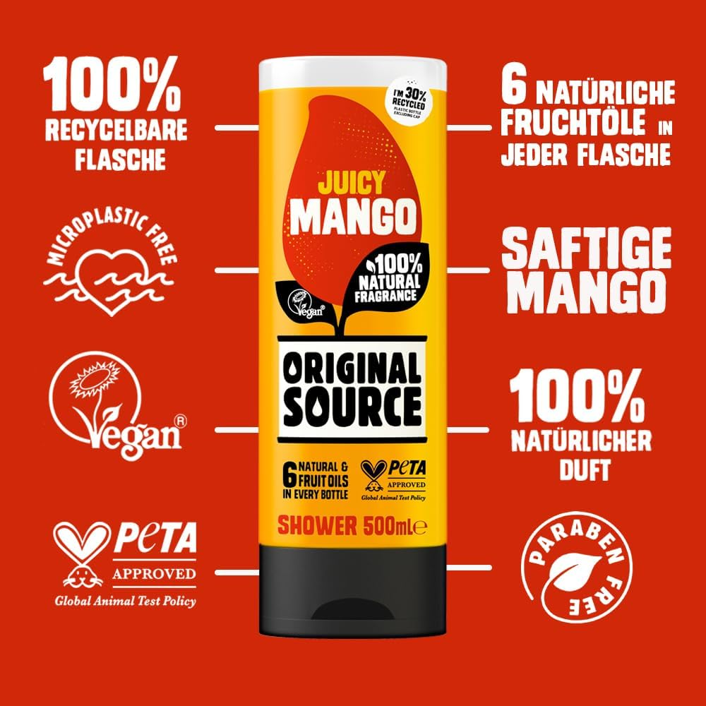 Original Source Mango Shower Gel, 100 Percent Natural Fragrance, Vegan, Cruelty Free, Paraben Free, Bulk Buy, Pack of 6 X 500 Ml image number 1