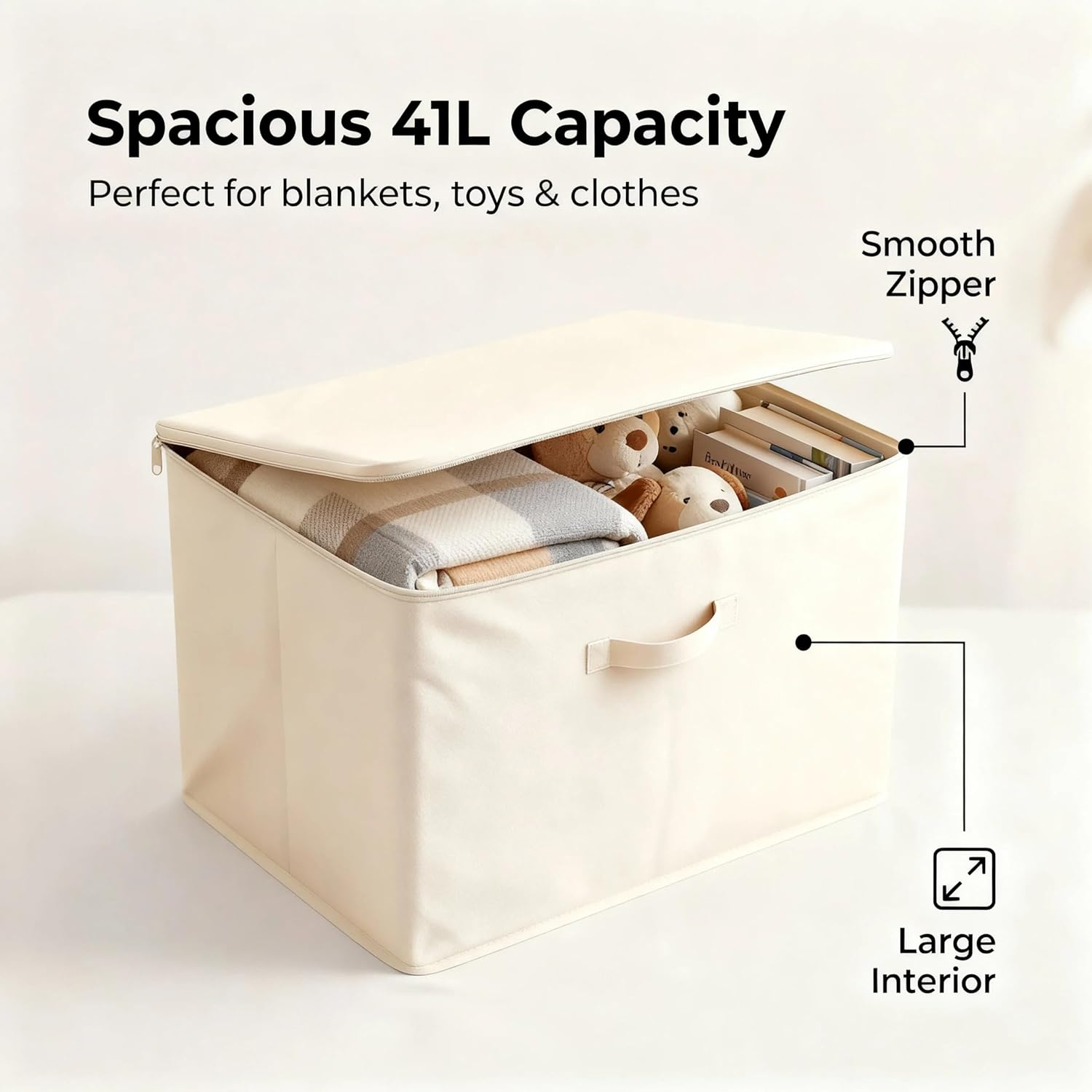 41L Large Fabric Storage Bins with Lids 45 * 35 * 26Cm, 2-Pack Storage Baskets for Closet, Large Linen Organizers and Storage Bins for Bedroom, Collapsible Baskets and Bins with Handles, off White image number 4