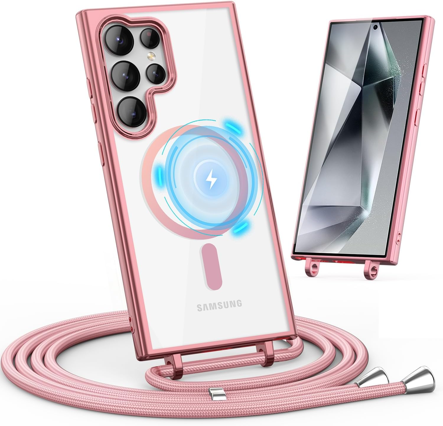 Noyabox Mobile Phone Chain for Samsung Galaxy S25 Ultra Case with Strap, Magnetic Mobile Phone Case for Samsung Galaxy S25 Ultra Necklace Cord Protective Case with Cord for Hanging Case, Pink image number 6