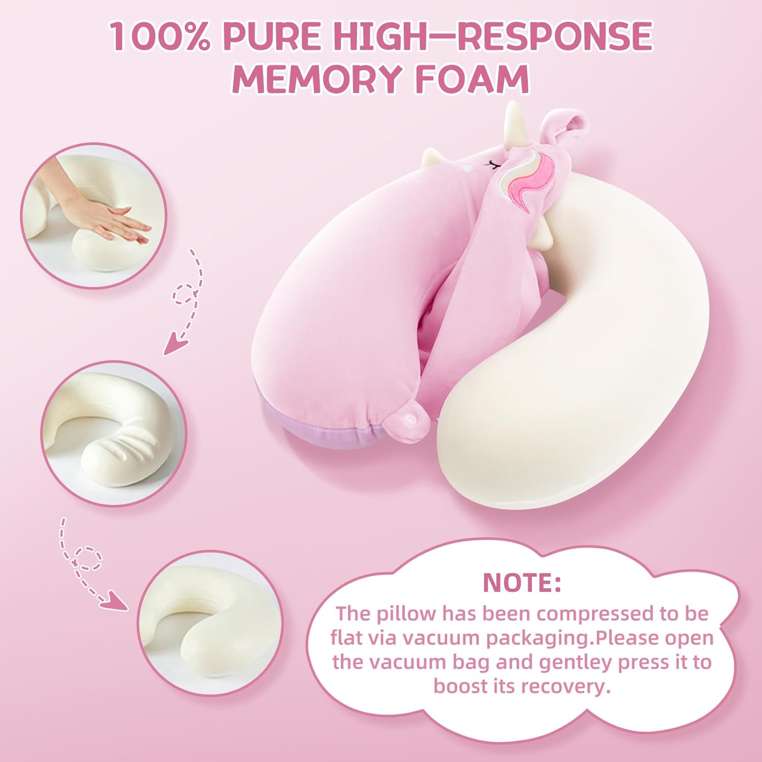 Kids Travel Pillow,Unicorn Toddler Neck Pillow for Kids Traveling with Eye Mask,U-Shaped Airplane Flight Car Head Neck Support Memory Foam Pillow for Adults,Gifts for Children,Boys,Girls (Pink) image number 4