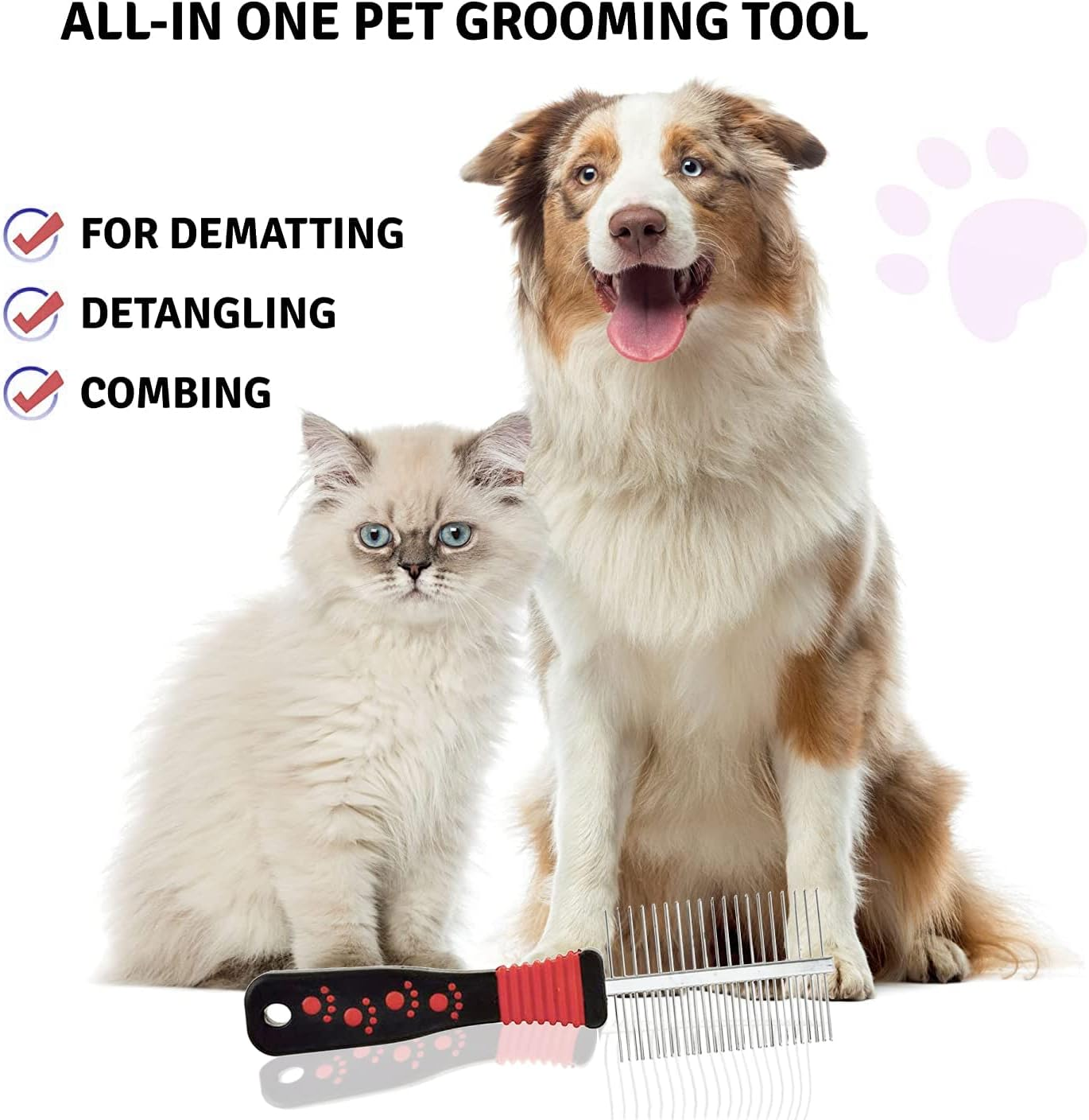 Dog Cat Comb, Dog Grooming Comb,Pet Cat Dog Grooming Brush Comb Trimmer Tool Double Sided Fur Rake Tool Pet Comb Stainless Steel round Wide Dense Teeth Metal Pet Combs image number 1