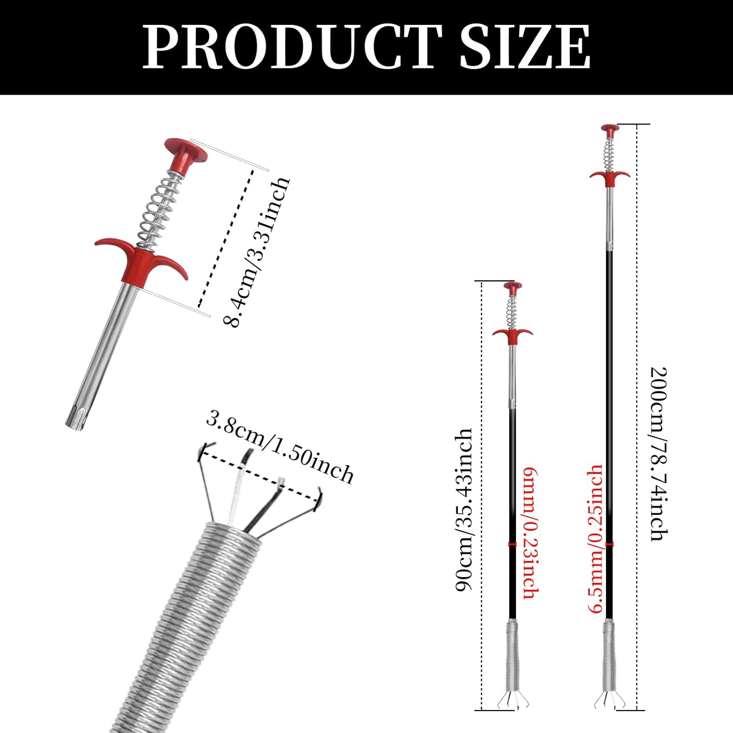 Pack of 2 Drain Spiral 90 Cm / 200 Cm, Flexible Gripper Claw Gripper, Pipe Cleaning Spiral, Stainless Steel Flexible Telescopic Gripper for Kitchen, Bathroom and Sewage Channels image number 4