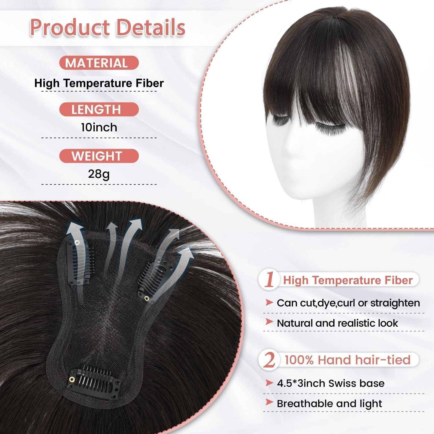 Hair Toppers for Women Human Hair Topper with Bangs Hand-Woven Swiss Base Hair Topper (Dark Brown) image number 6
