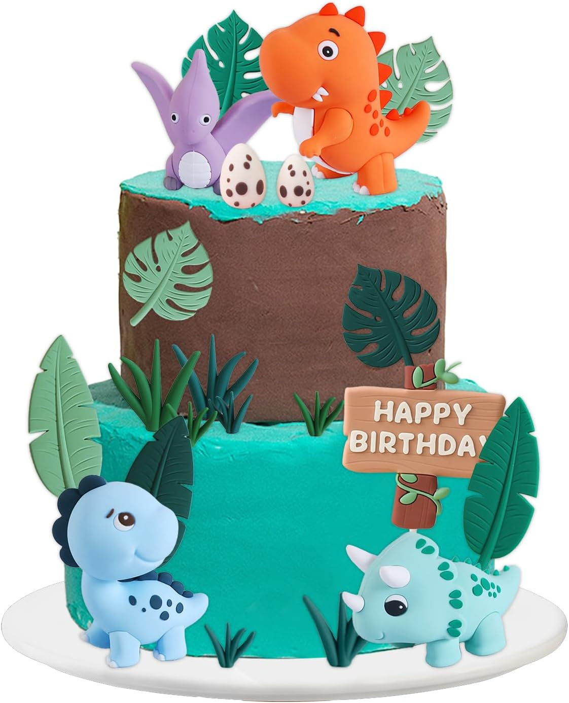 Chris.W 17 PCS Dinosaur Cake Topper Set, Dinosaur Eggs Leaves Grasses Cake Decorations with Happy Birthday Sign Cake Toppers for Birthday Party Decors, Safari Animal Themed Party Supplies