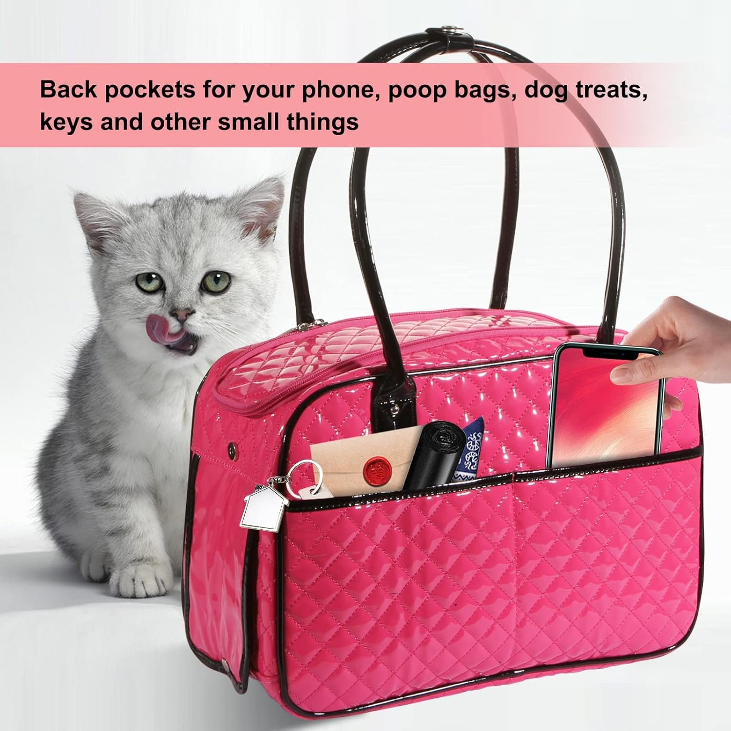 Betop House Mirror Surface Faux Leather Tote Purse Dog and Pet Carrier Travel Bag, Pink