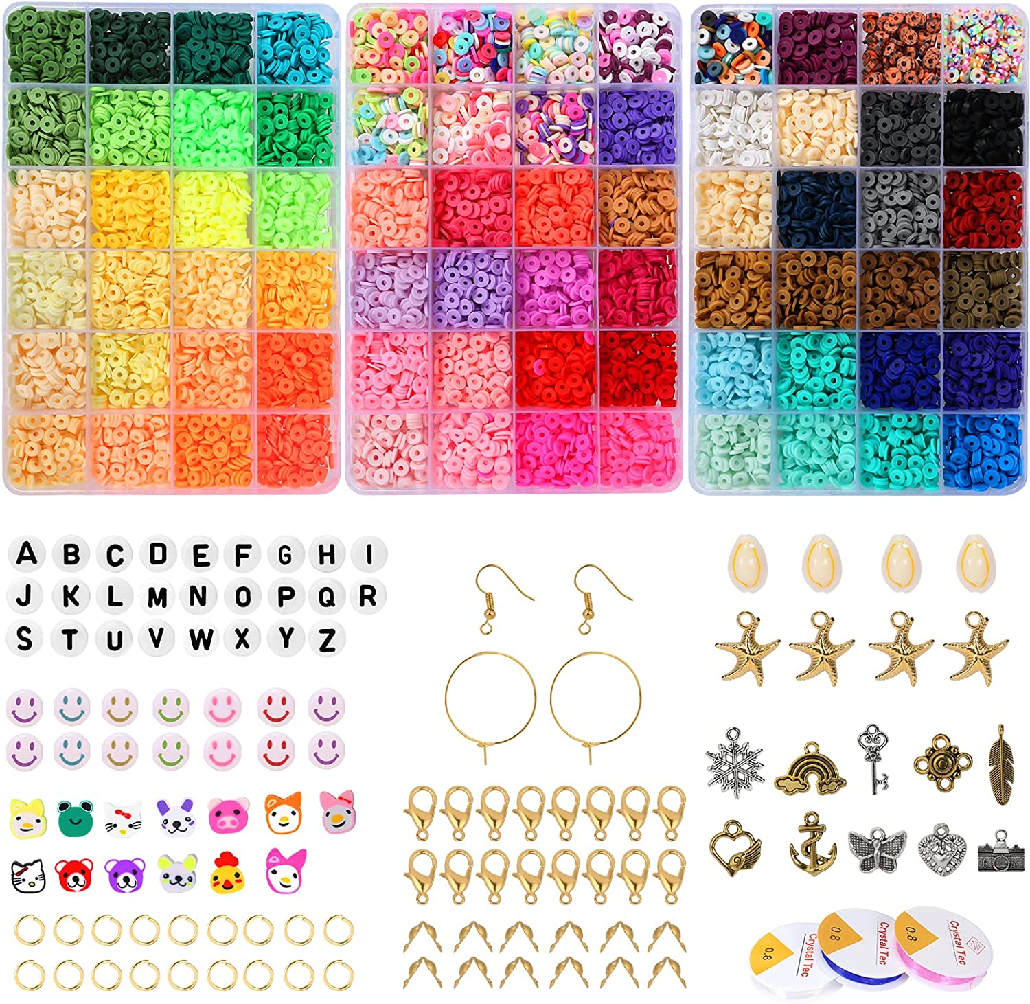 Clay Beads for Jewelry Bracelet Necklace Making Kit, Coxedafi 13600 Pcs Flat round Polymer Clay Beads with Elastic Strings Pendant Charms Kit image number 6