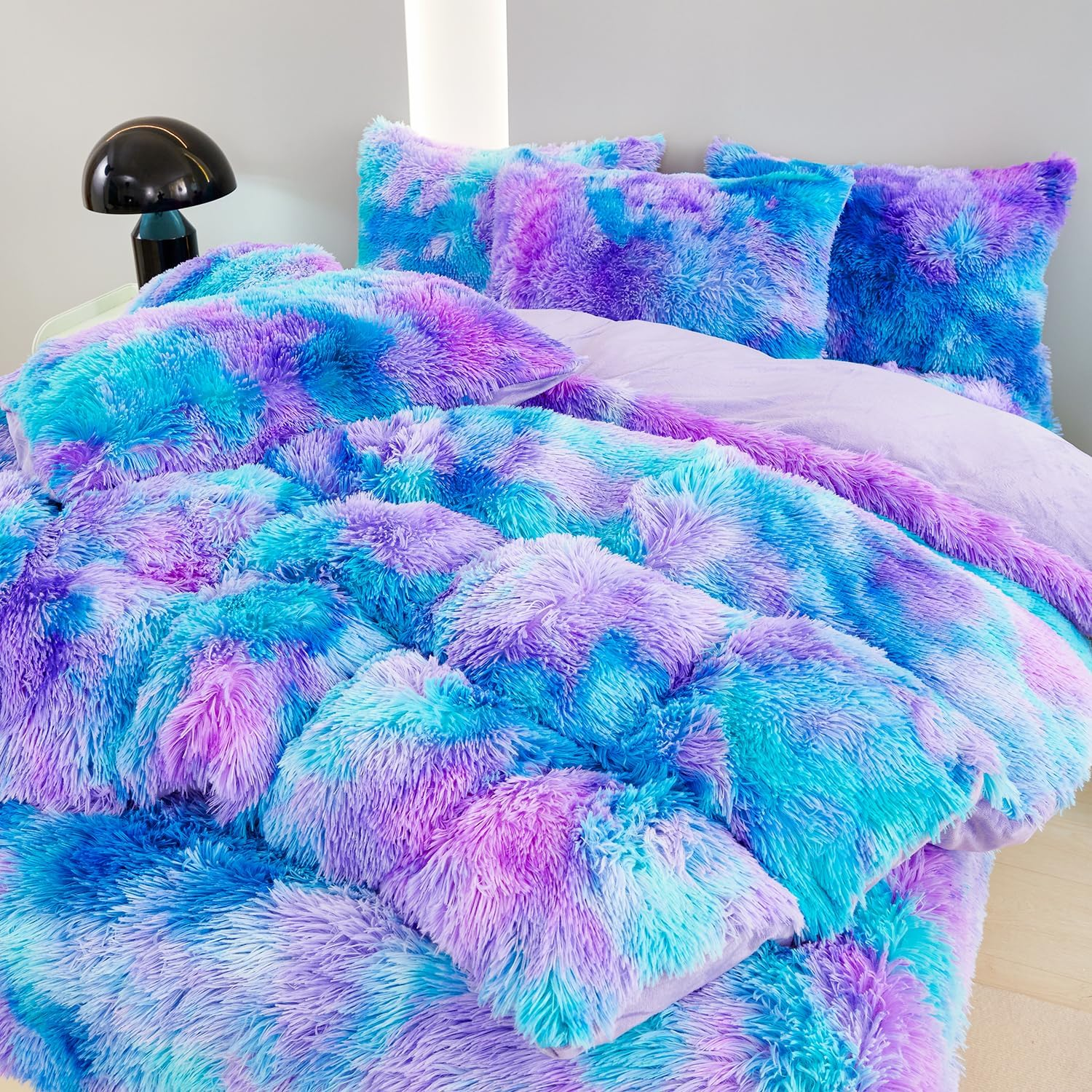 SUCSES Plush Shaggy Bedding Duvet Cover Set for Teens Girls, 3Pcs Faux Fur Fluffy Velvet Comforter Cover Set, Blue Purple Tie Dye Furry Bed Sets for Kids Teens (Blue Purple, Full)