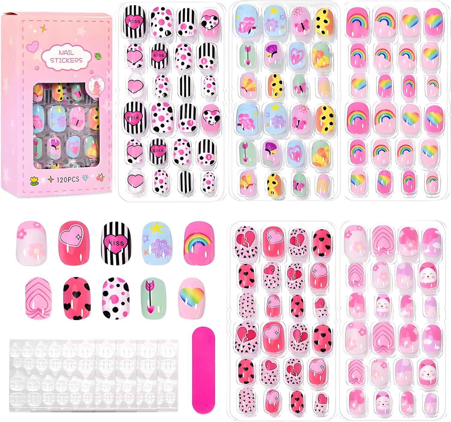 120Pcs Press on Nails for Girls, Full Cover Fake Nail Tips Kit Pre Glue Short Stick on Nails for Children Little Girls Nail Art Decoration (A Pattern)
