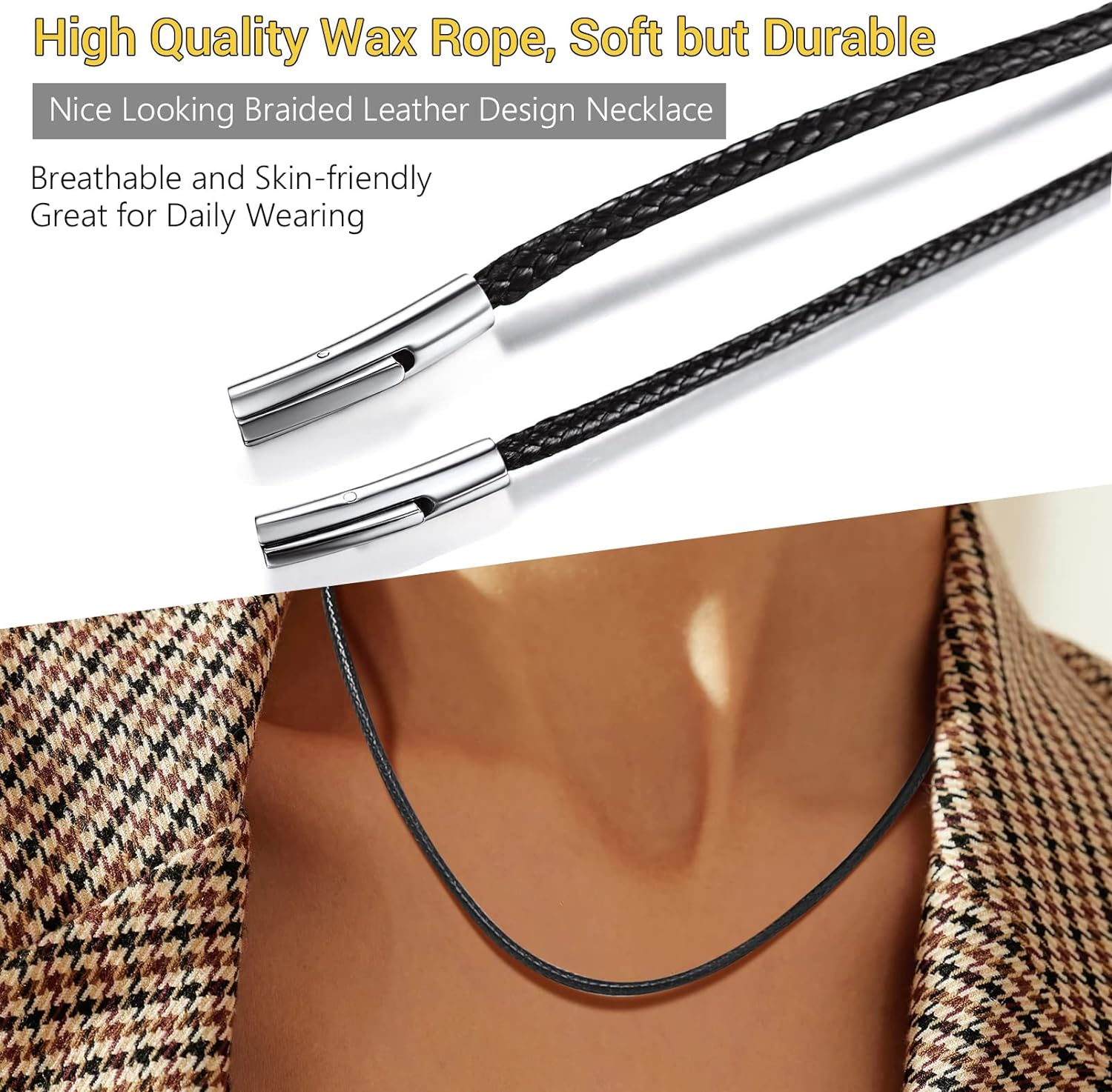 PROSTEEL Black/Brown Waxed Rope Braided Leather Necklace Cord Sturdy Soft Comfortable, 41-76Cm, Stainless Steel Durable Clasp, Come Gift Box