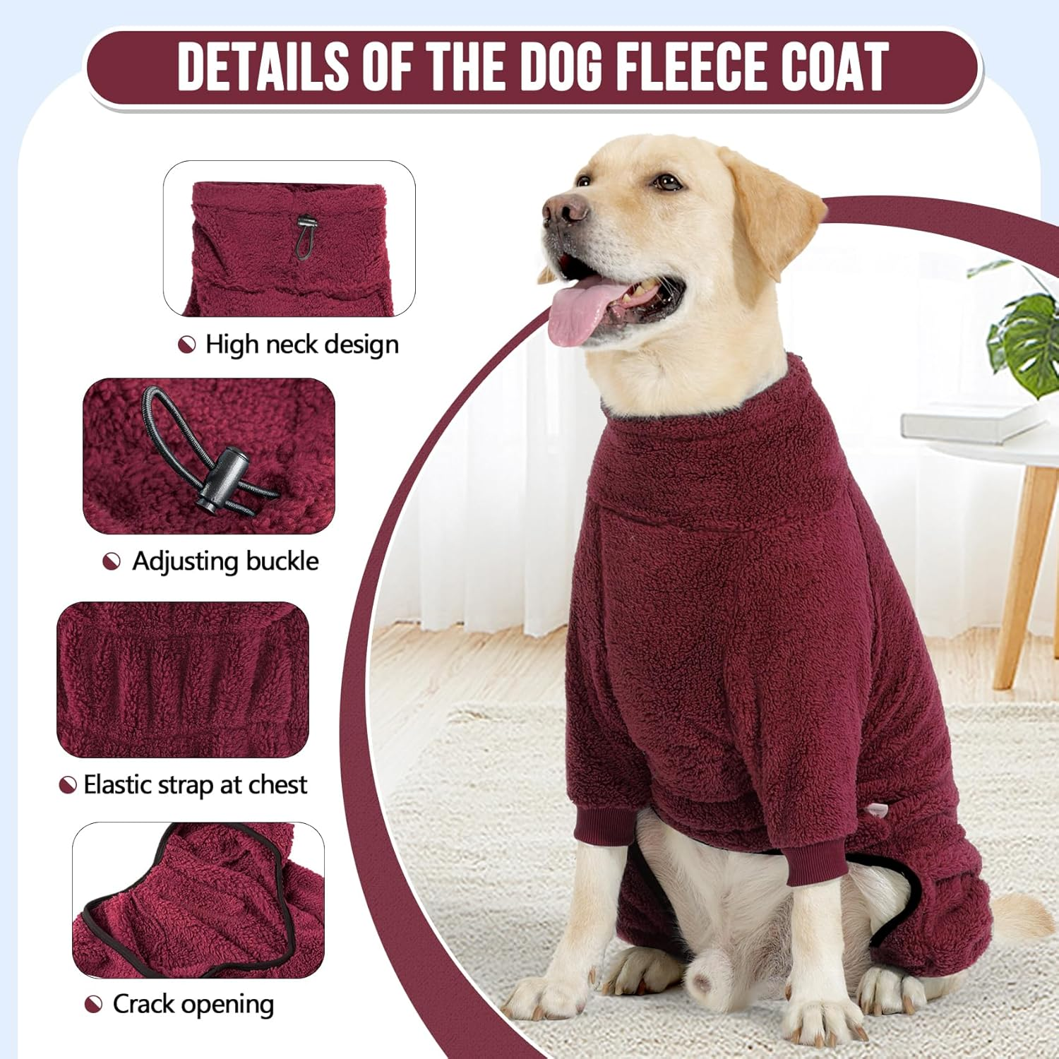 Slowton Dog Winter Coat Fuzzy Pullover Pajamas, Warm Dog Clothes Soft Pet Jumpsuit Indoor Pjs, Windproof Cold Weather Jacket 4 Legged Clothes with Leash Hole for Small Medium Large Dogs image number 4