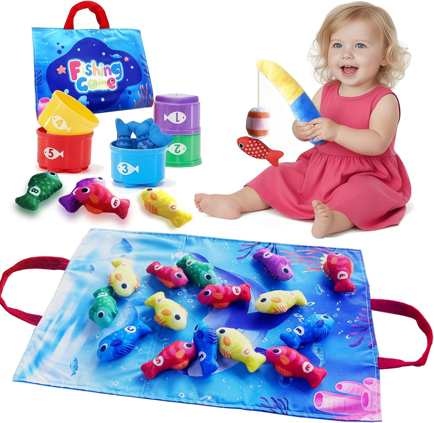 Montessori Toys for 1 2 Year Old, 2-In-1 Cloth Fishing Game & Book with Foldable Mat, Baby Toys 6-12-18 Months, Educational Learning Gift with Stacking Cups for Number, Color, Shape (Ocean) image number 4