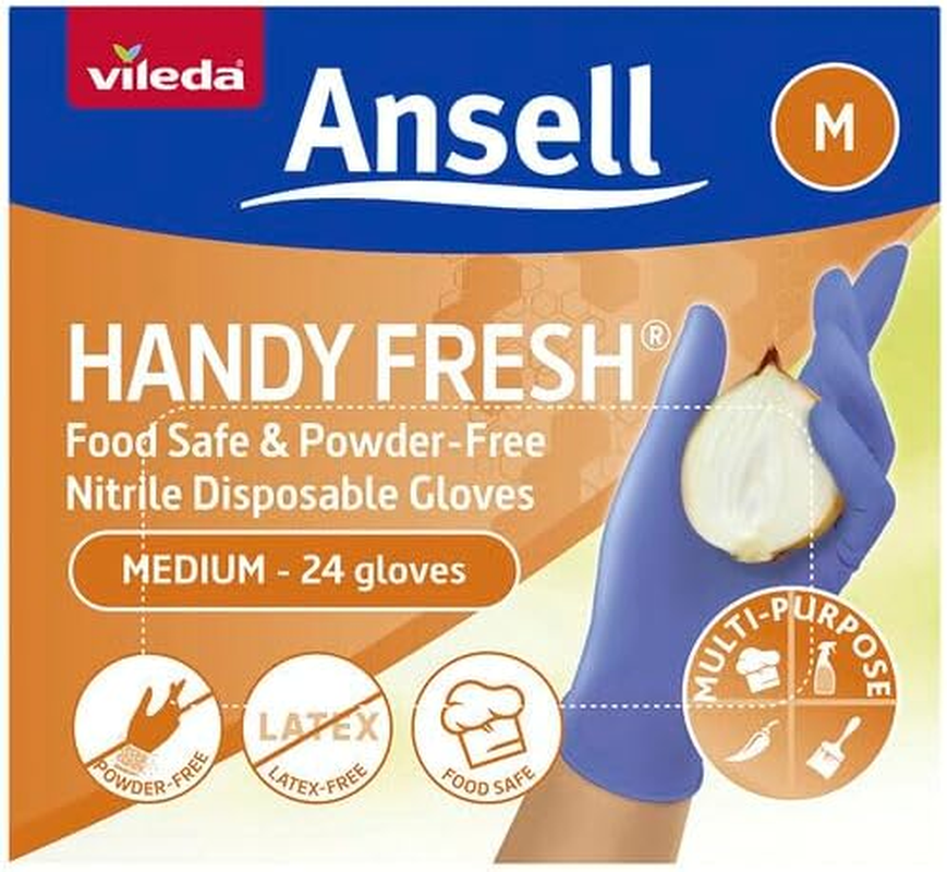 Vileda Ansell Handy Fresh Disposable Nitrile Gloves | Powder Free | Latex Free | Food Safe | Multi-Purpose Disposable Gloves - Perfect for Safe, Hygienic and Versatile Use | Box of 24 | Size Medium image number 1