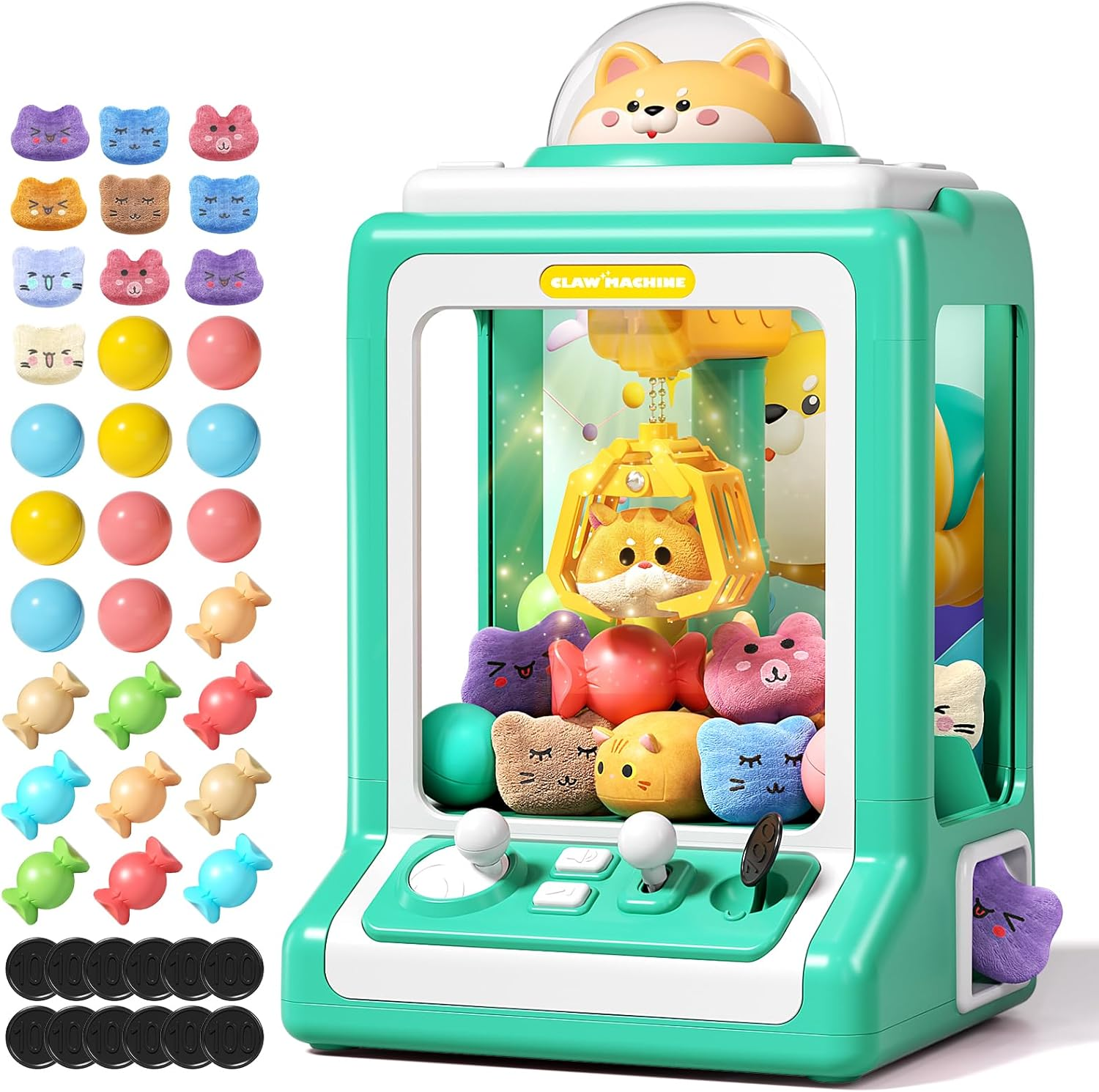 Claw Machine for Kids, Mini Vending Machine with Game Coins & Music, Prize Dispenser Toys for Girls and Boys, Electronic Claw Game Machine for Party Birthdays, Includes 30 Mini Toys (Doggy Green) image number 4