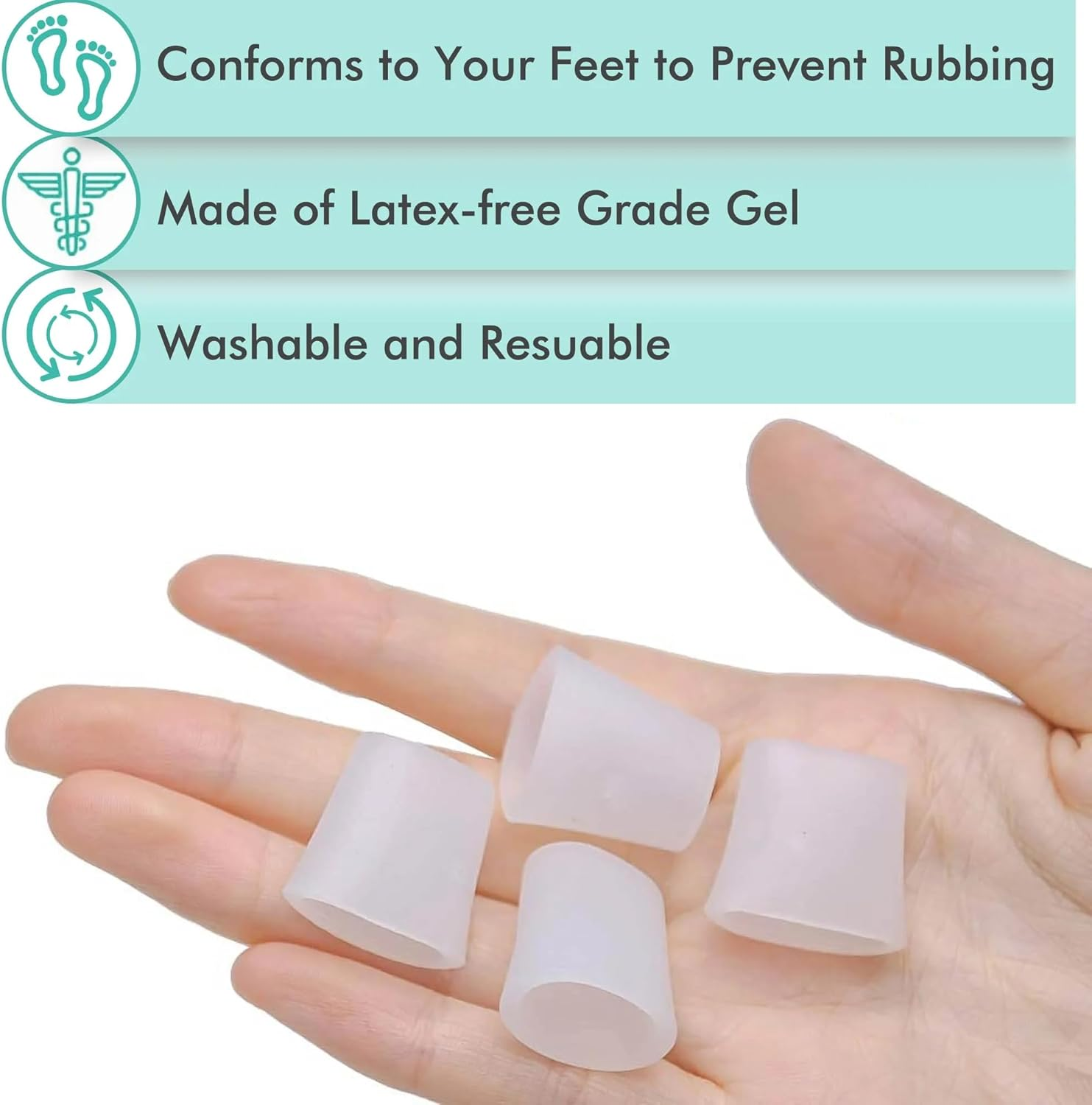 24PCS Silicone Toe Protector Sleeves, Betterjonny 4 Size Soft Gel Corn Toe Cushion Tubes Pads for Women Men Blisters, Bunion, Hammertoes, Calluses, Toenails Loss, Pain Relief (White, Clear, Purple) image number 6
